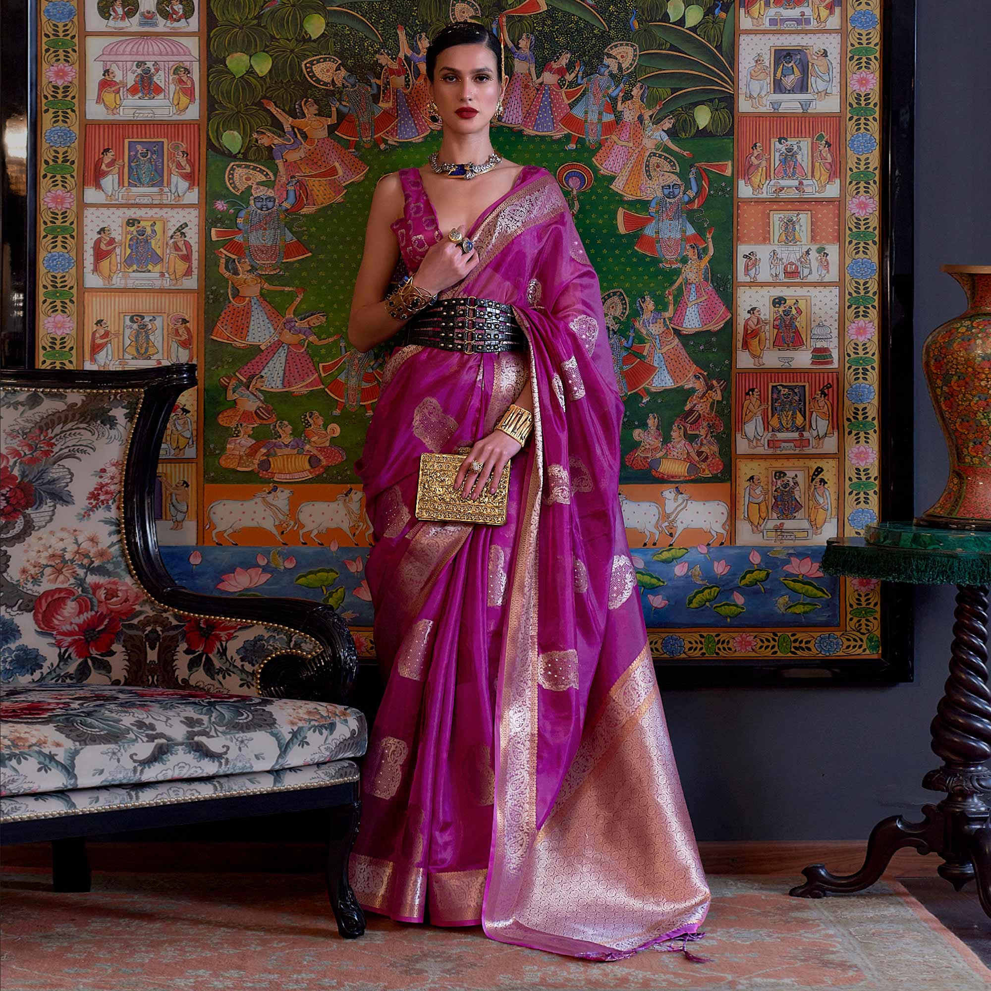 Peachmode Magenta Purple Woven Organza Saree With Tassels