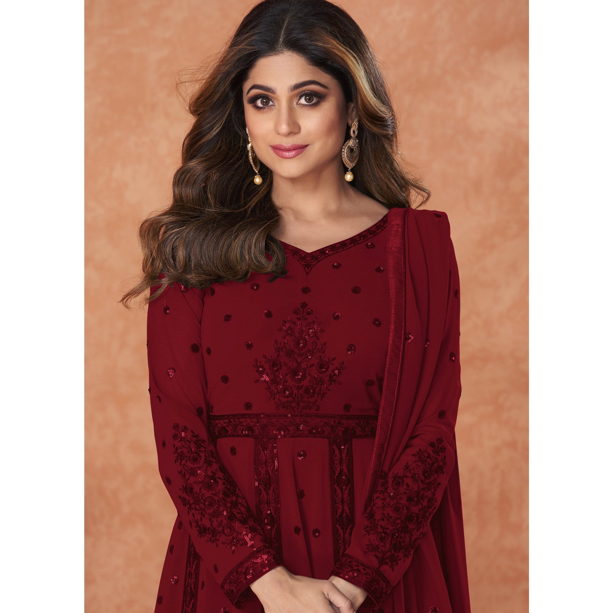 Peachmode Maroon Embroidered Georgette Gown - view 4