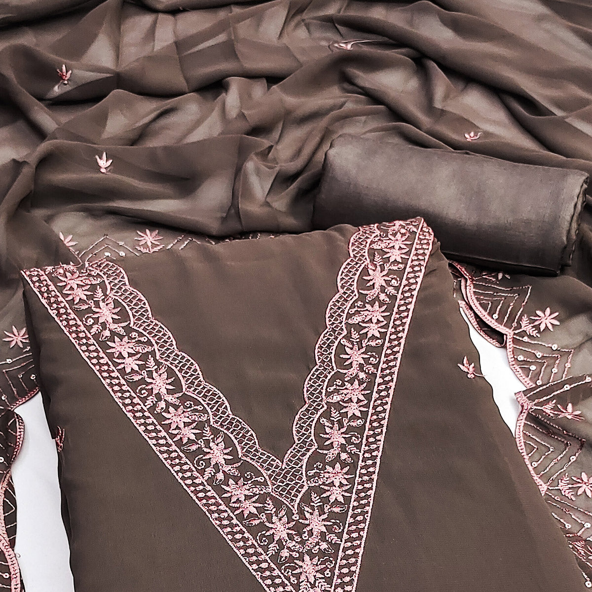 Peachmode Brown Floral Embroidered Georgette Dress Material - view 2