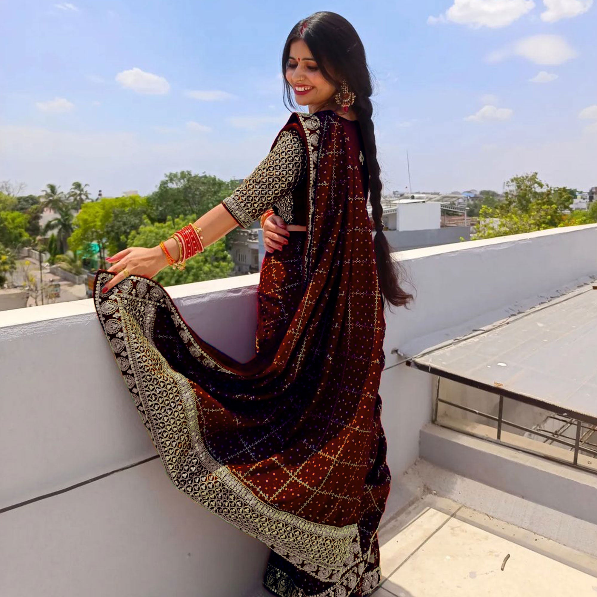 Peachmode Maroon Printed With Embroidered Border Vichitra Silk Saree - view 5