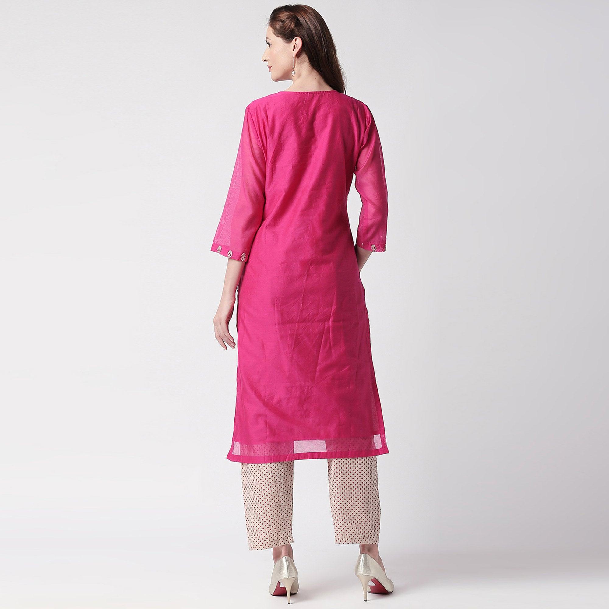 Peachmode Energetic Pink Colored Partywear Embroidered Silk Kurti - Bottom Set - view 6