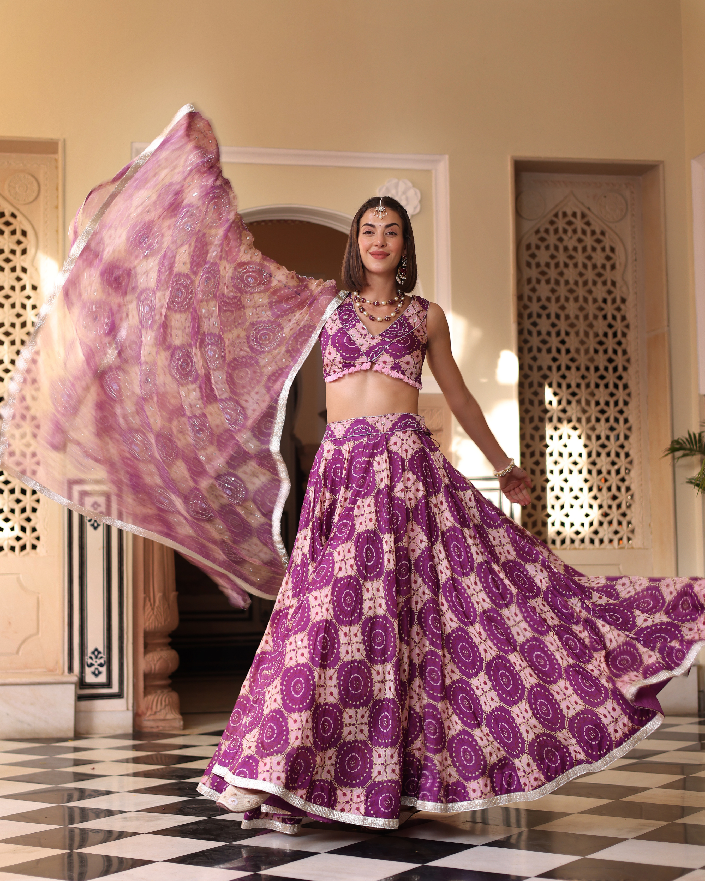 Aachho Lavender Printed Satin Lehenga Set – Women's - view 6