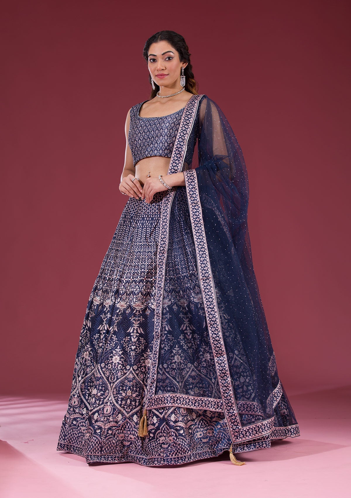 Koskii Navy Blue Silver Stonework Raw Silk Readymade Lehenga