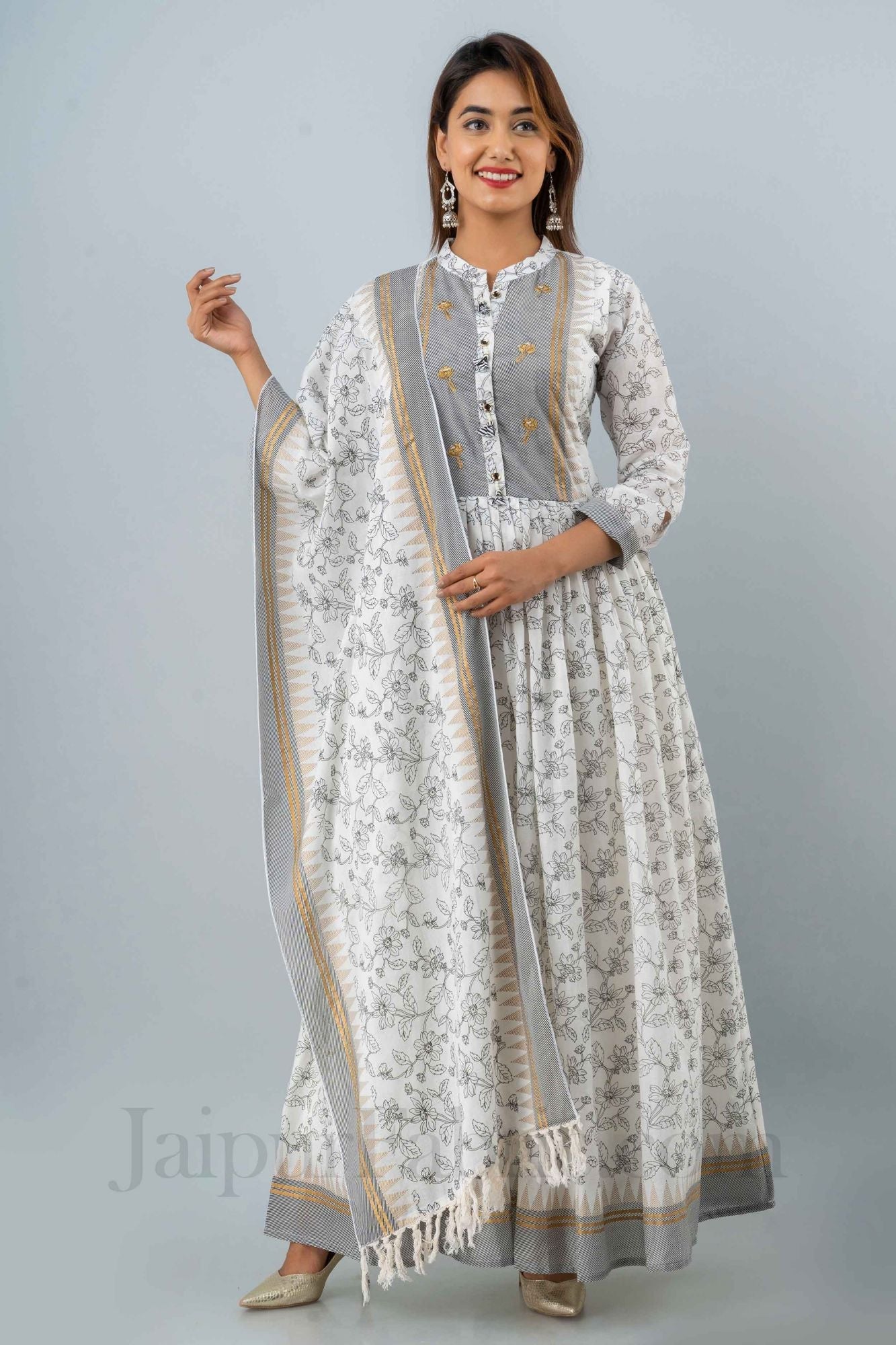 JaipurFabric® Women White & Grey Long Cotton Kurti with Dupatta