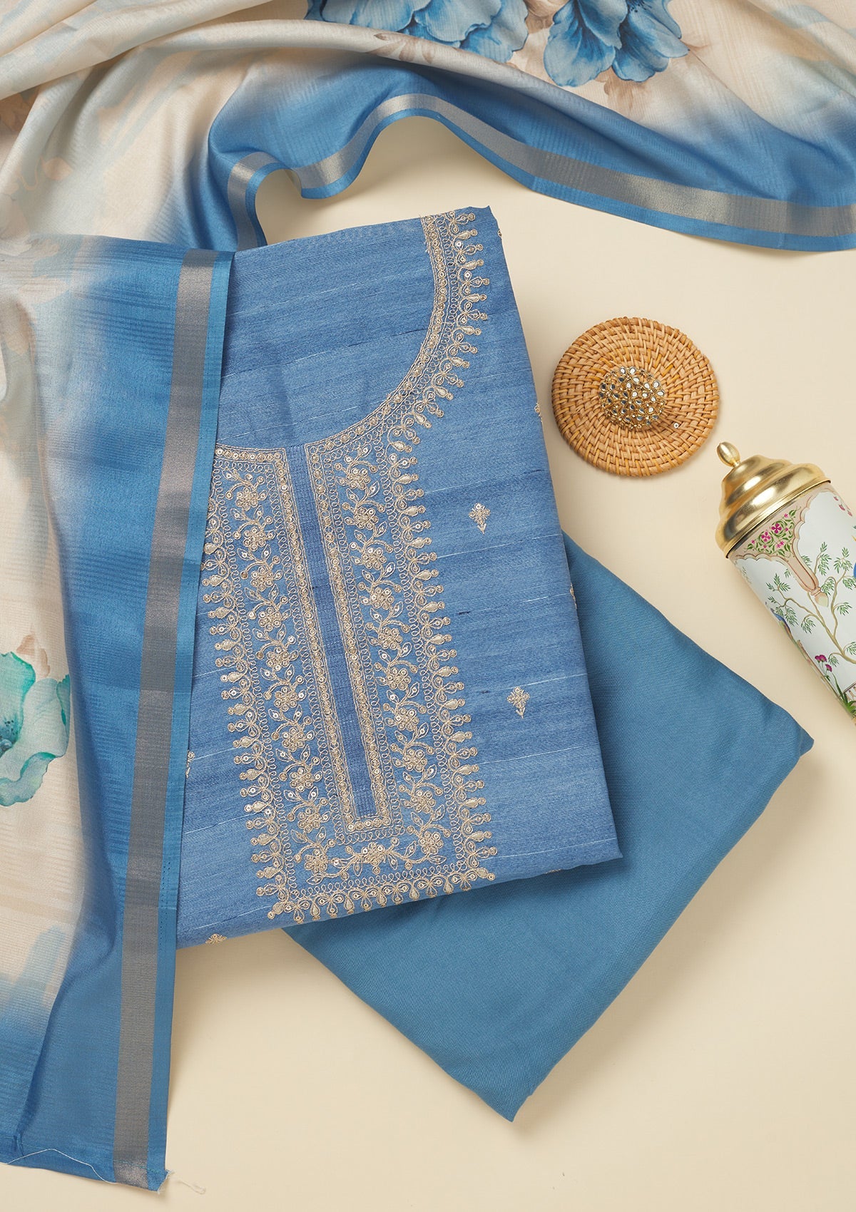 Koskii Blue Zariwork Raw Silk Unstitched Salwar Suit