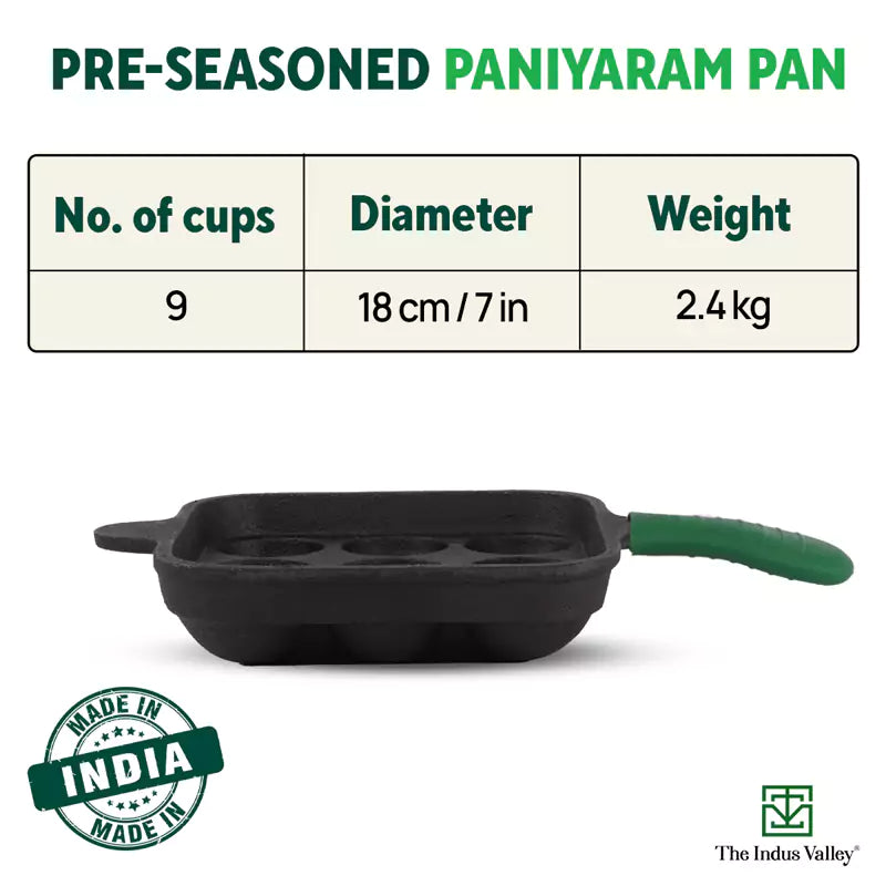 The Indus Valley 9 Pit/Cup CASTrong Cast Iron Paniyaram/Appe Pan+ Cool Silicone Grip, Pre-seasoned, Nonstick, 100% Pure, Toxin-free, 18cm, 2.4 kg - view 3