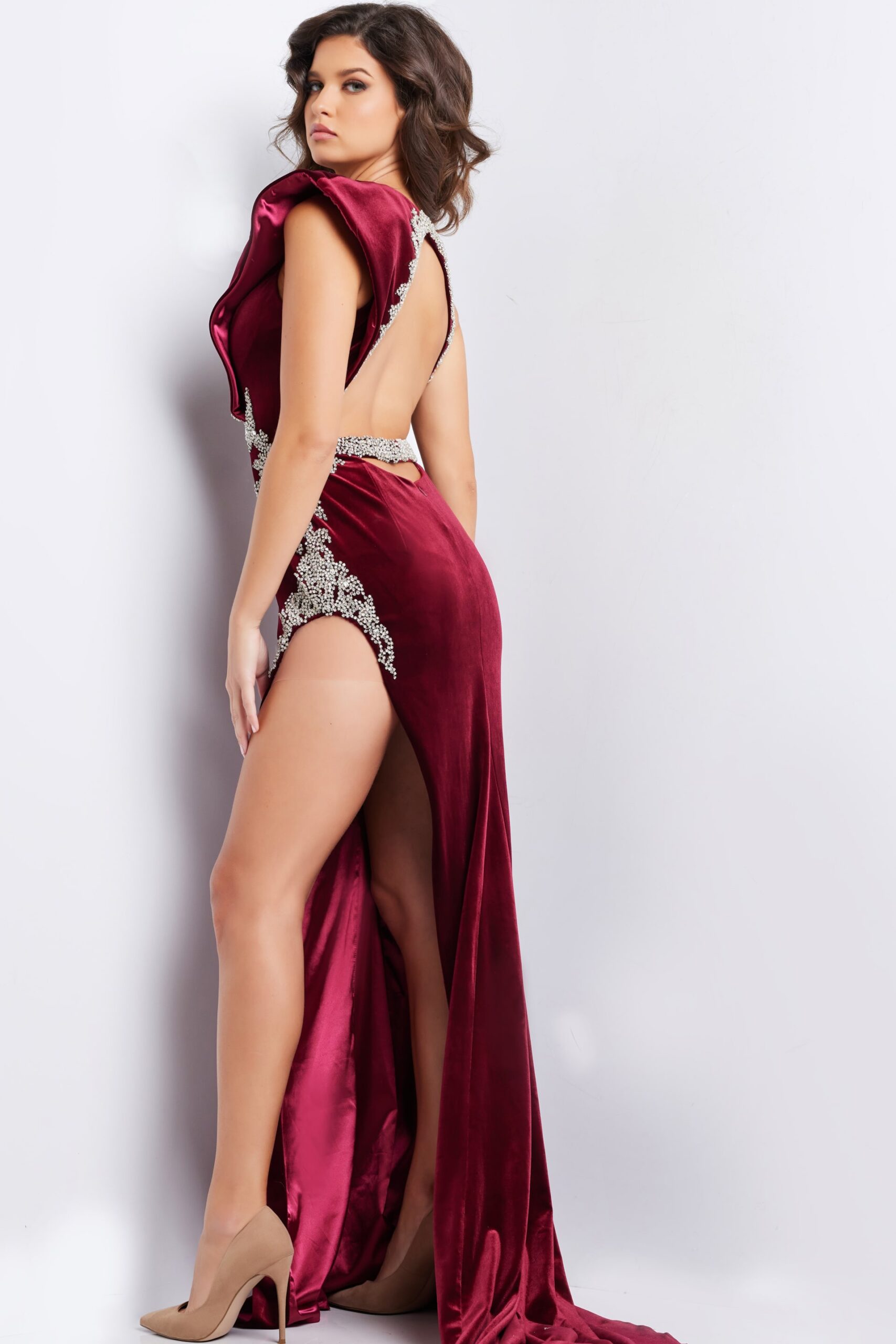 Velvet Fitted One Shoulder Slit Gown by Jovani 37341 - view 2