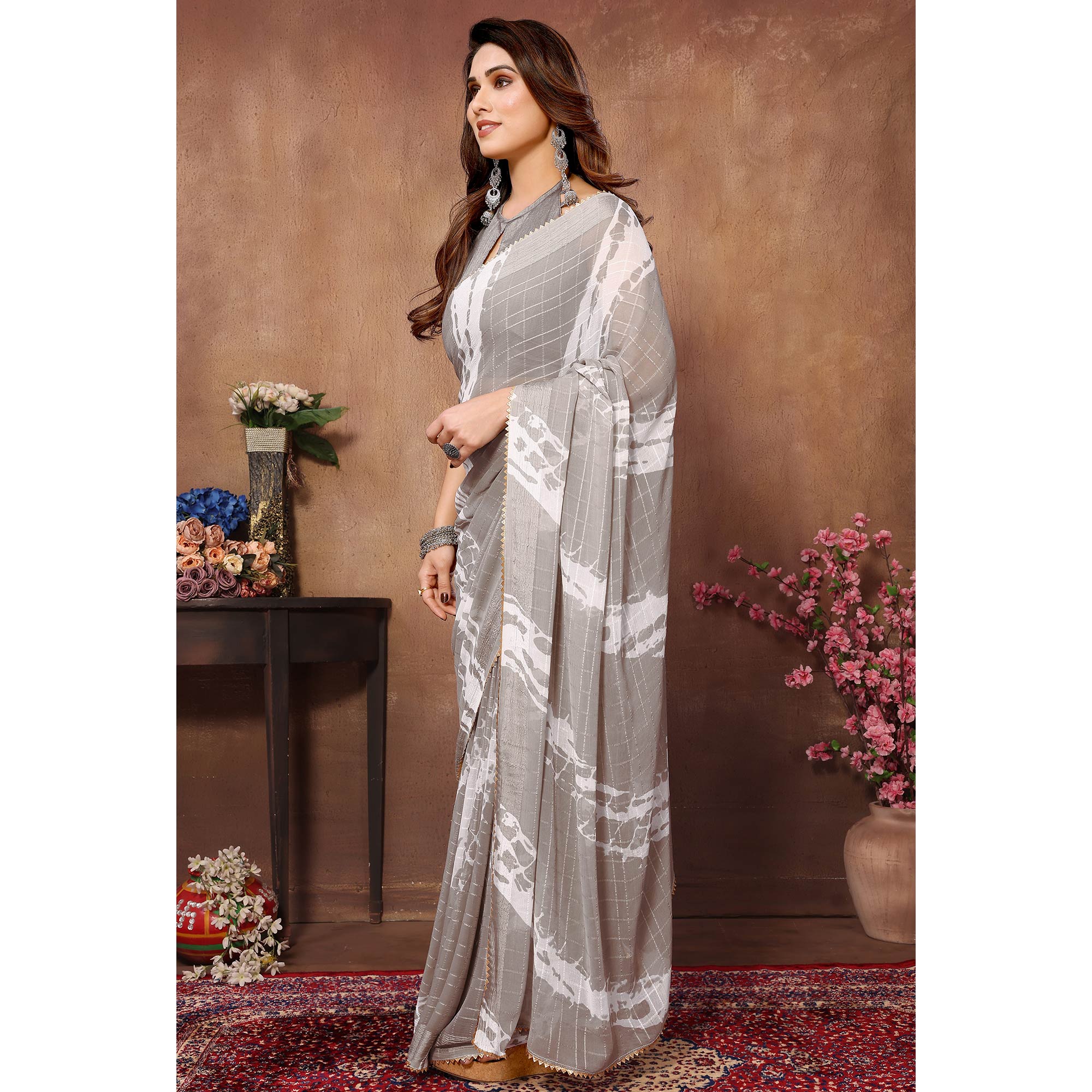 Peachmode Seller Light Grey Woven With Printed Ready To Wear Georgette Saree - view 5