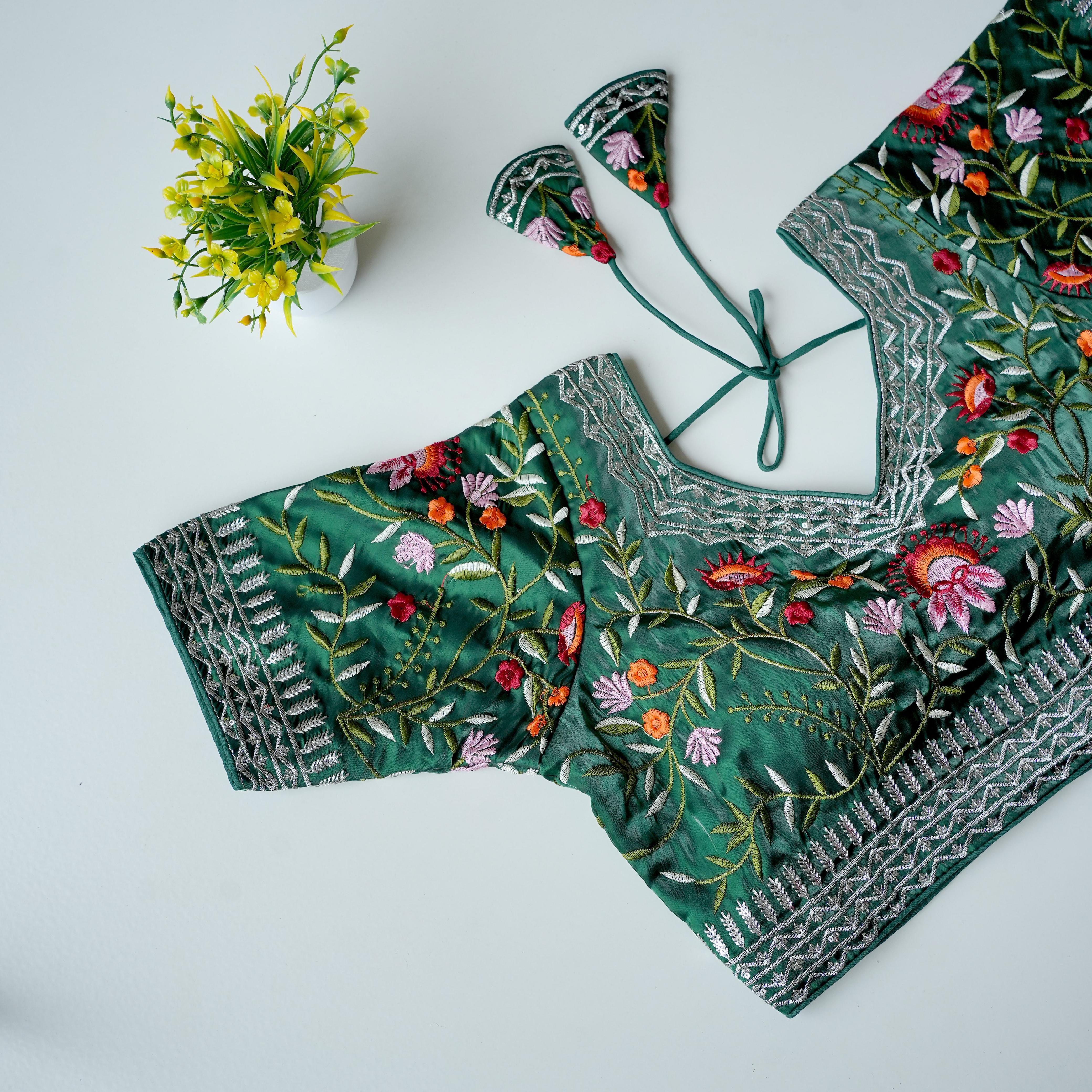 ClothsVilla Green Multi-Color Embroidered Jimmy Choo Silk Blouse