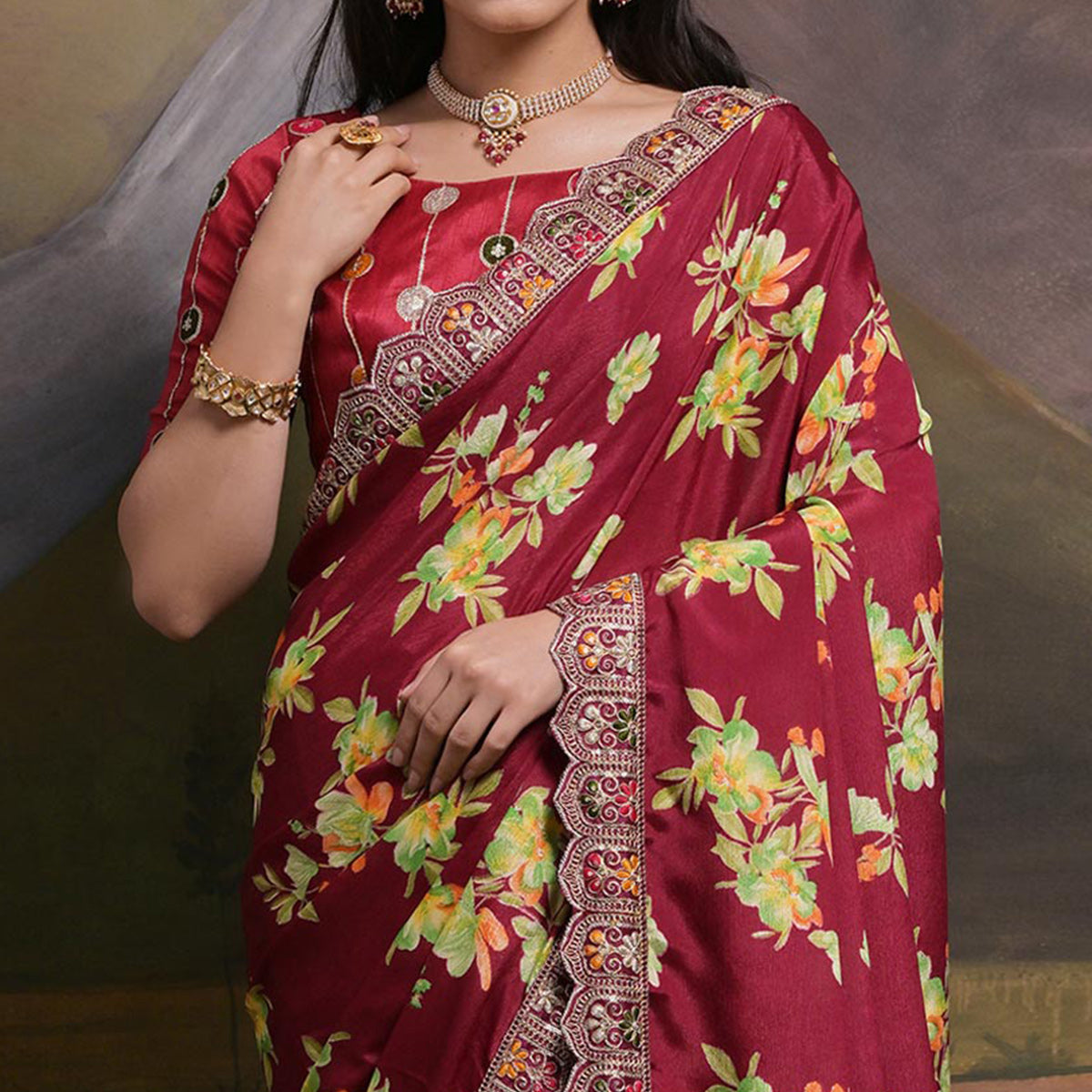 Peachmode Maroon Floral Printed Chinon Saree With Embroidered Border - view 3