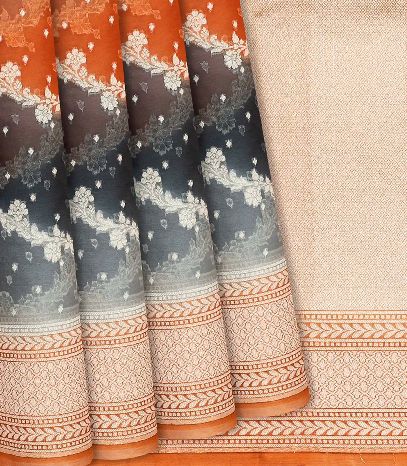 RmKV Orange Handwoven Banarasi Organza Rangkat Saree With Floral Vine Motifs-Orange