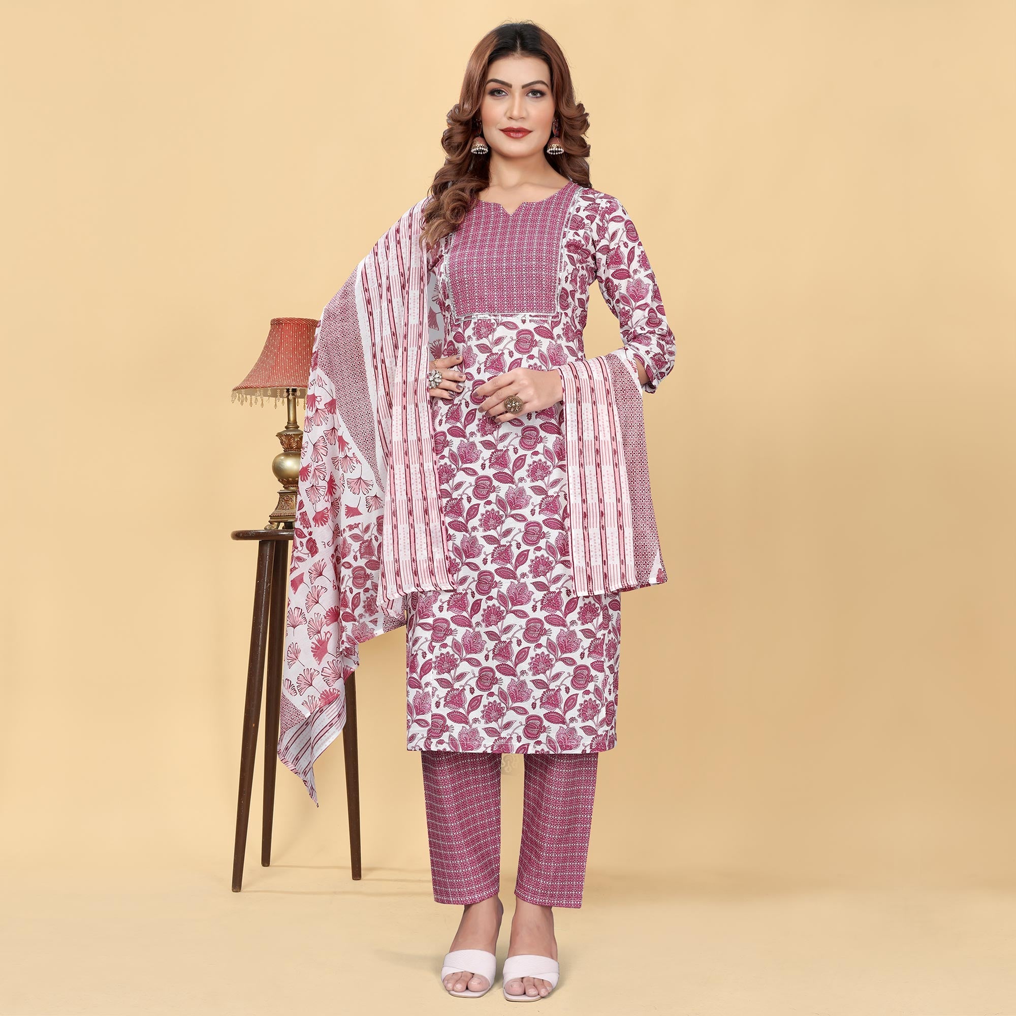 Peachmode Seller Light Wine Floral Printed Cotton Blend Salwar Suit - view 2