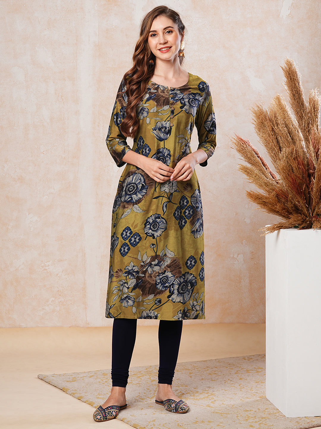 Fashor Floral Printed Straight Fit Kurta - Mustard Green