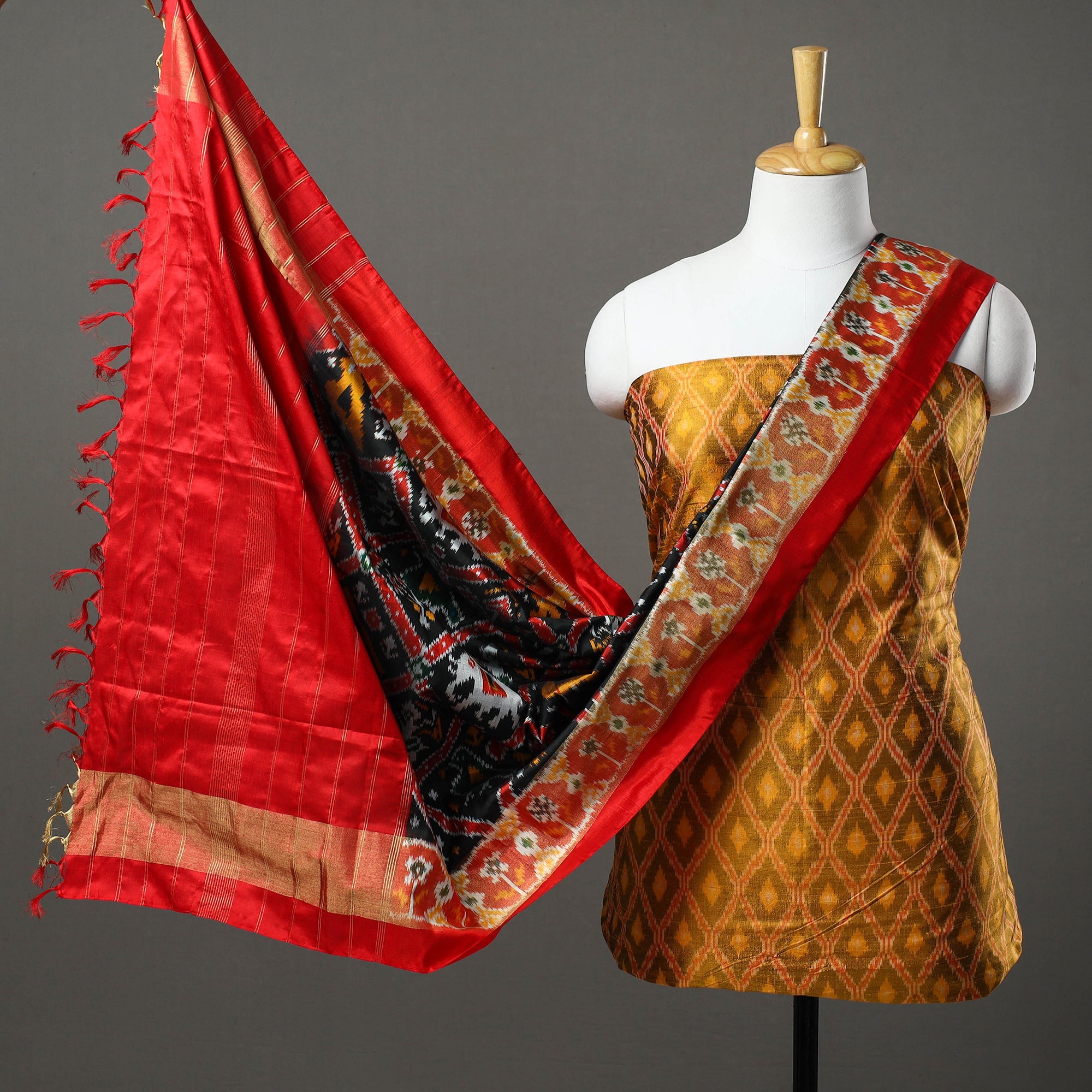 SOUTH KARGHA Brown - 2pc Mulberry Silk Pochampally Ikat Dress Material Set 09