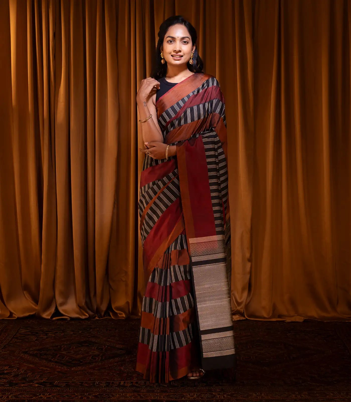 RmKV Brown & Black Handloom Soft Silk Saree With Stripes-Brown