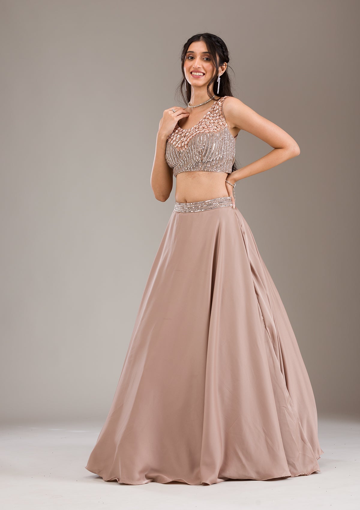 Koskii Light Brown Sequins Satin Readymade Lehenga - view 5