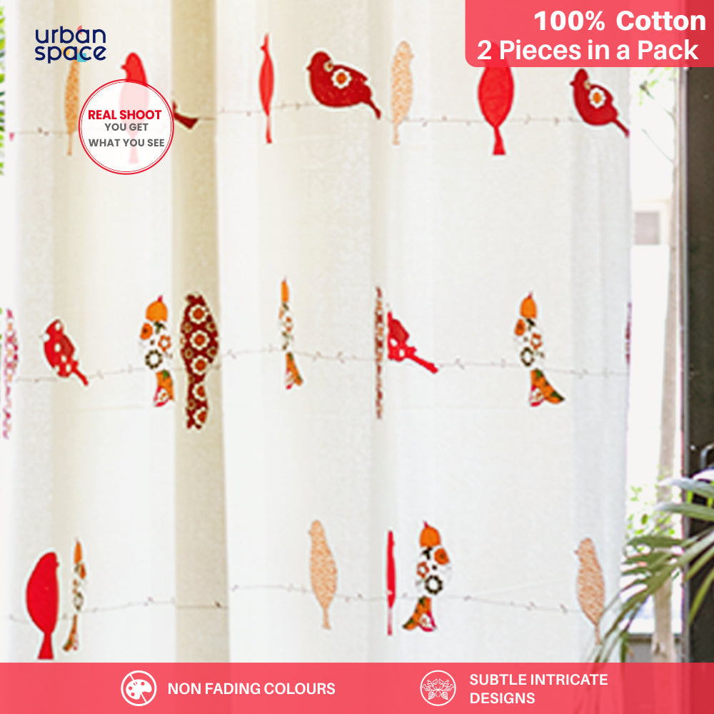 Urban Space -Home Furnishing Store Premium 100% Cotton Curtains for Living Room, Bedroom, Children's room - Pack of 2 curtains, Humming Bird - Red