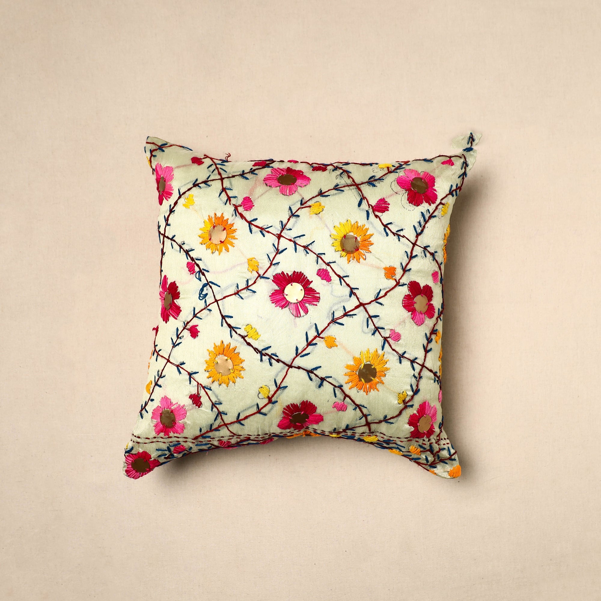 JALPARI Beige - Chinon Phulkari Embroidered Cushion Cover 12