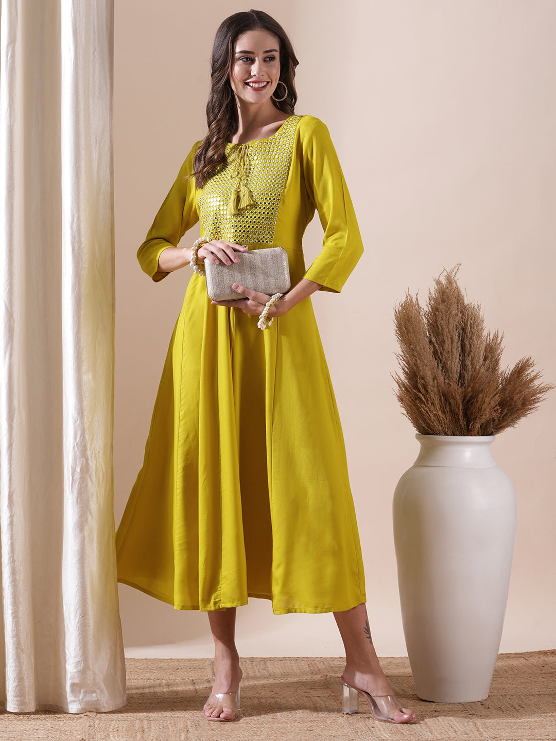 Fashor Solid Mirror & Resham Embroidered Anarkali Kurta - Yellow - view 3