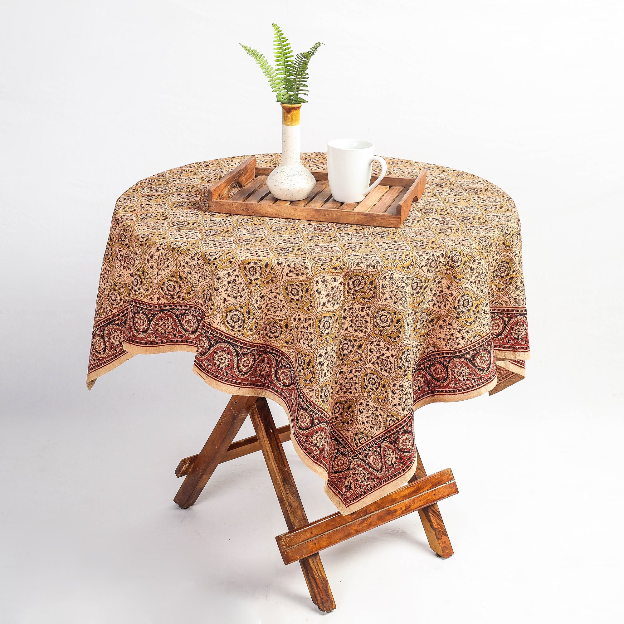 PITCHUKA SRINIVAS KALAMKARI PEDANA Beige - Original Pedana Kalamkari Block Printed Cotton Table Cover (45 x 45 in)