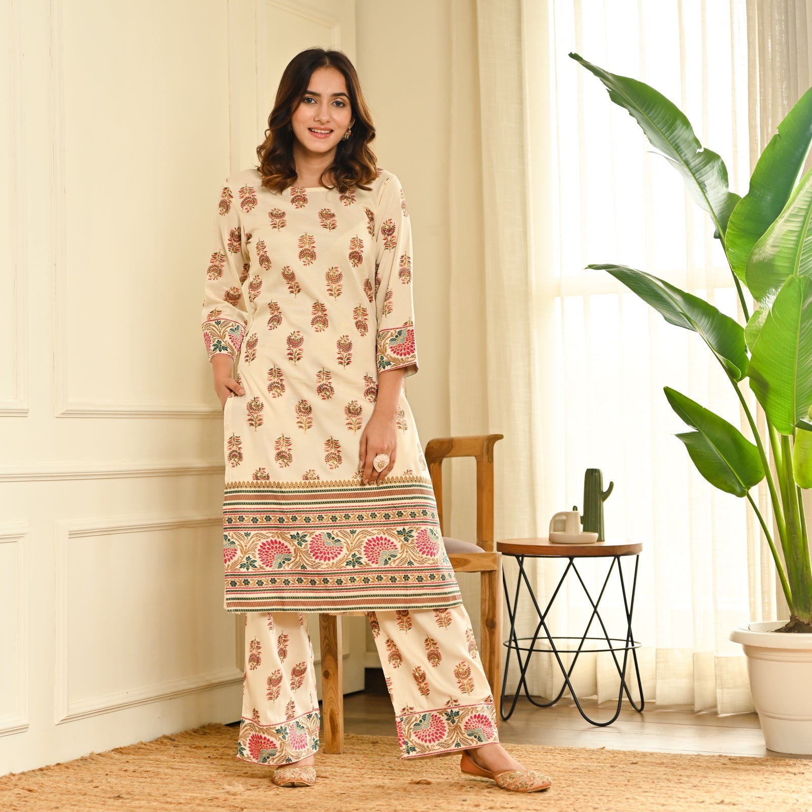 BlackTree Cream Boota Straight Kurta Pant Set - view 5