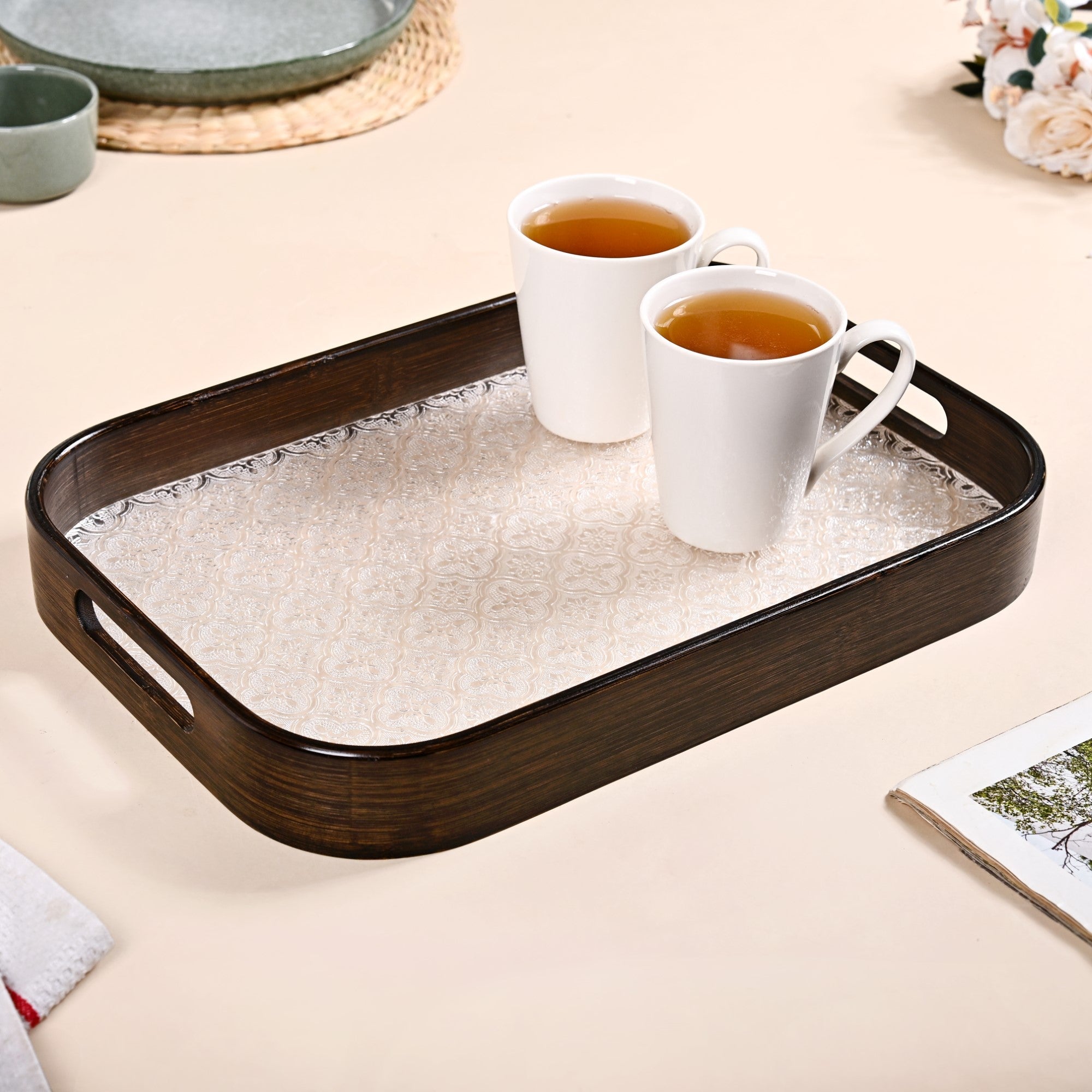 Nestasia Embossed Serving Tray With Bamboo Wood Frame