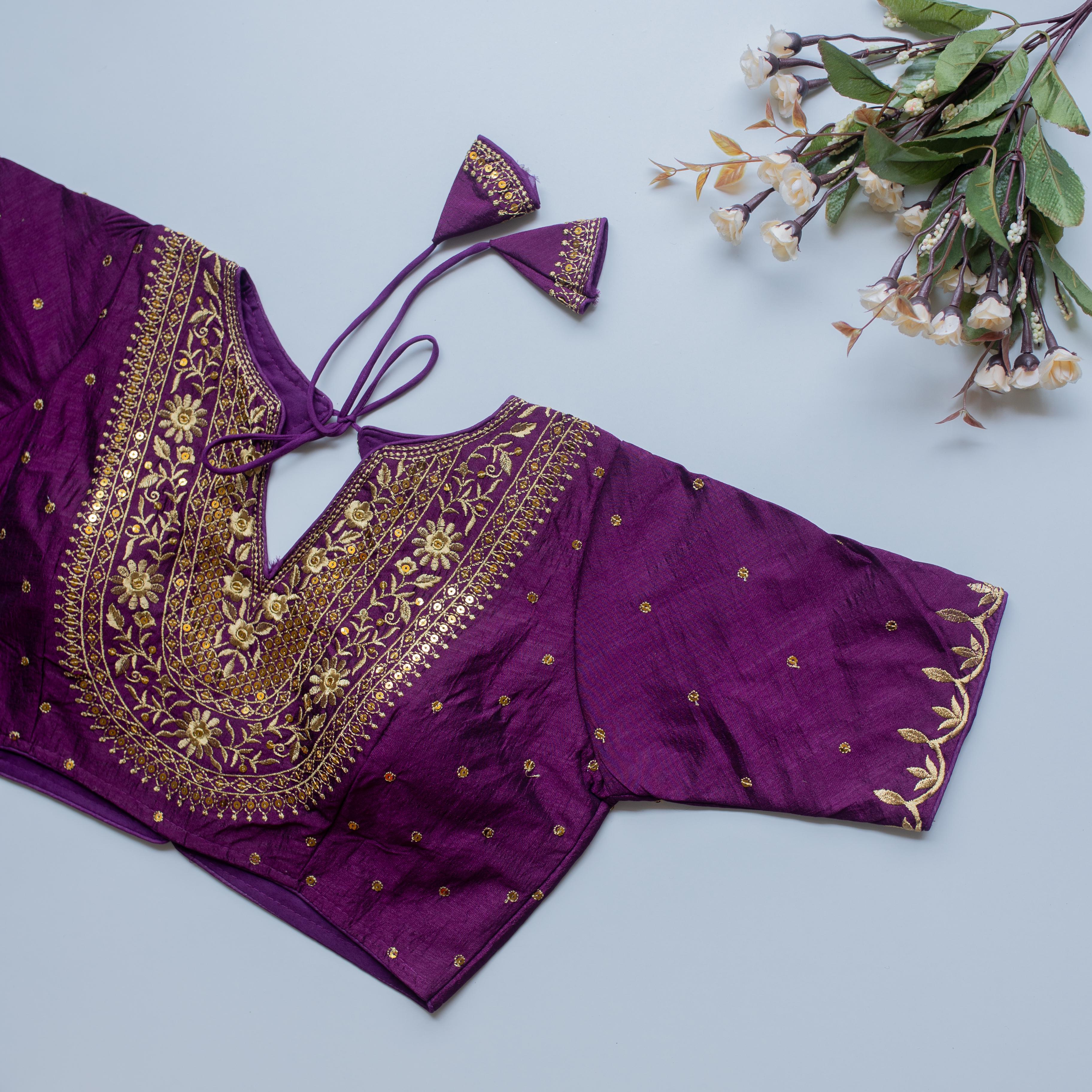 ClothsVilla Purple Olive Silk Blouse with Golden Embroidery and Sequence Accents - view 2
