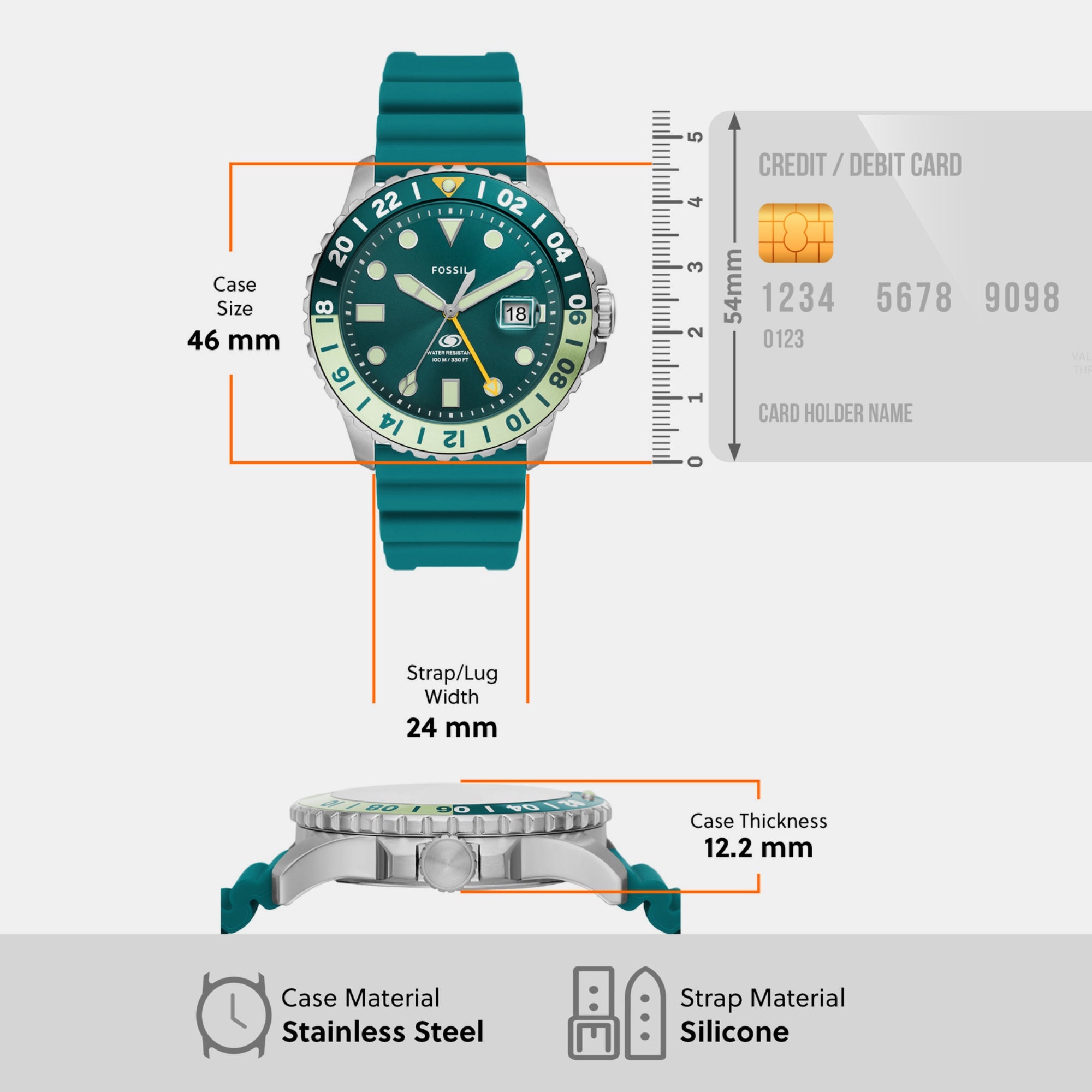 Fossil Blue Gmt Men Quartz Green Dial Analog Silicone Watch FS5992 - view 4