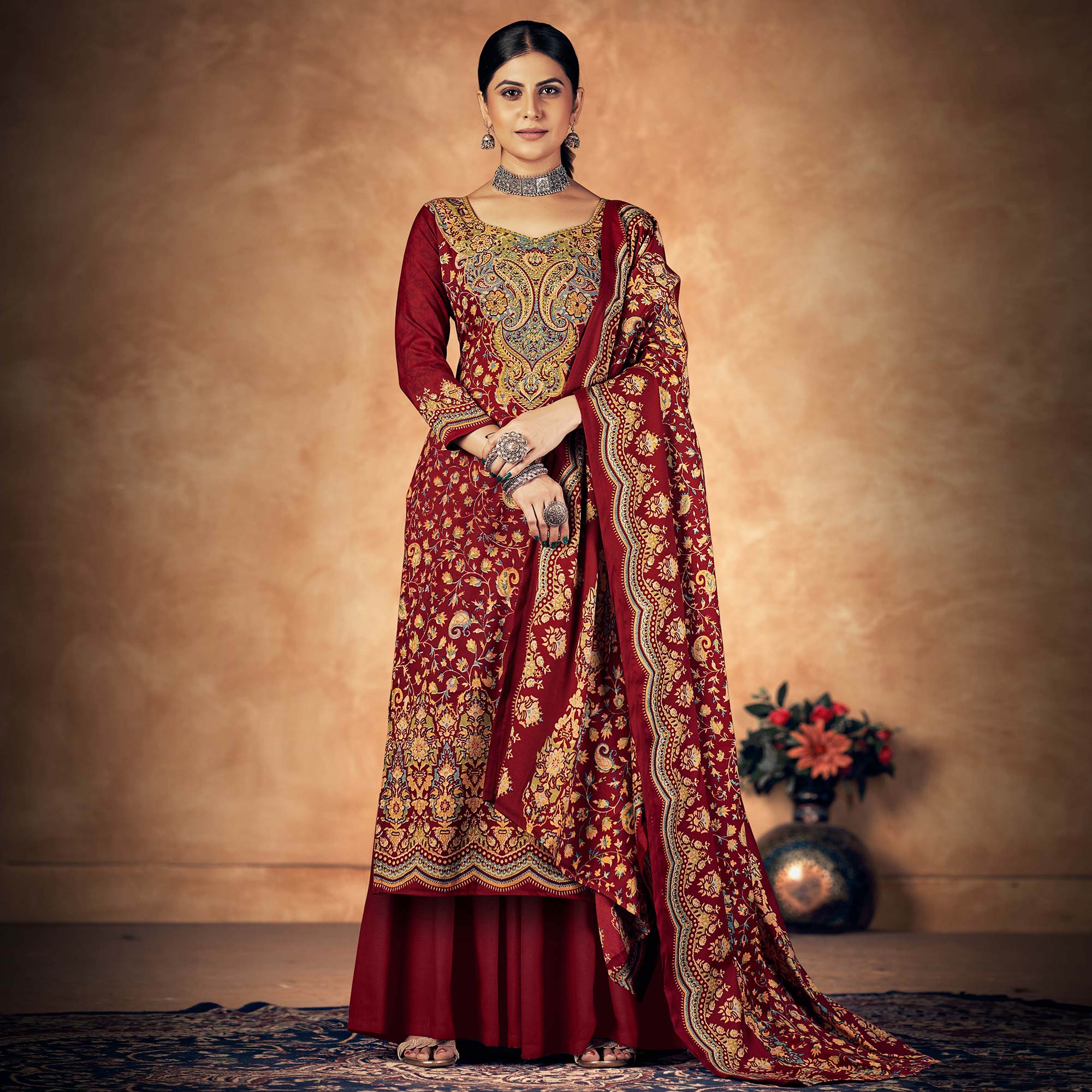 Peachmode Maroon Floral Printed Pashmina Woolen Suit - view 2
