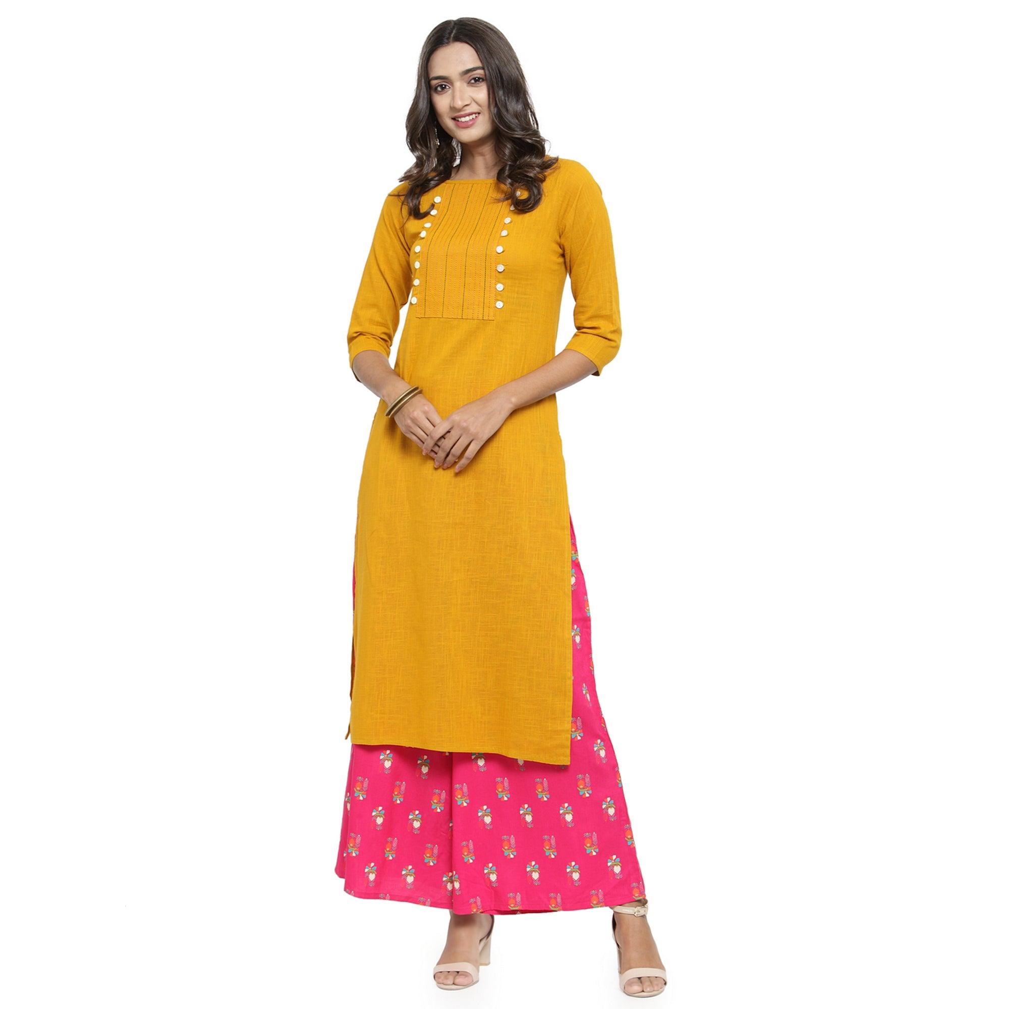 Peachmode Seller Delightful Yellow Colored Casual Wear Embroidered Cotton Kurti