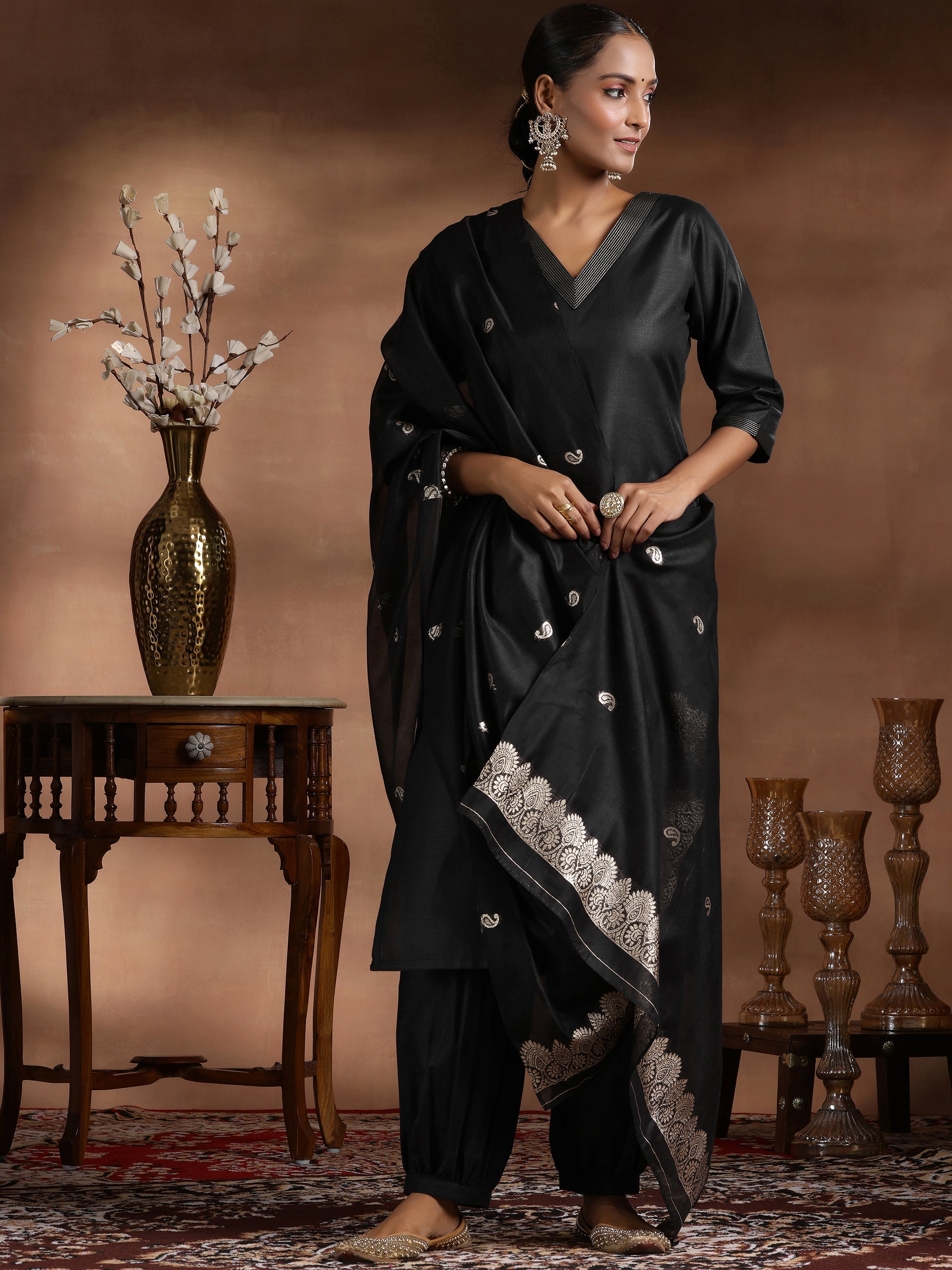 Libas Black Solid Silk Blend Straight Suit With Dupatta