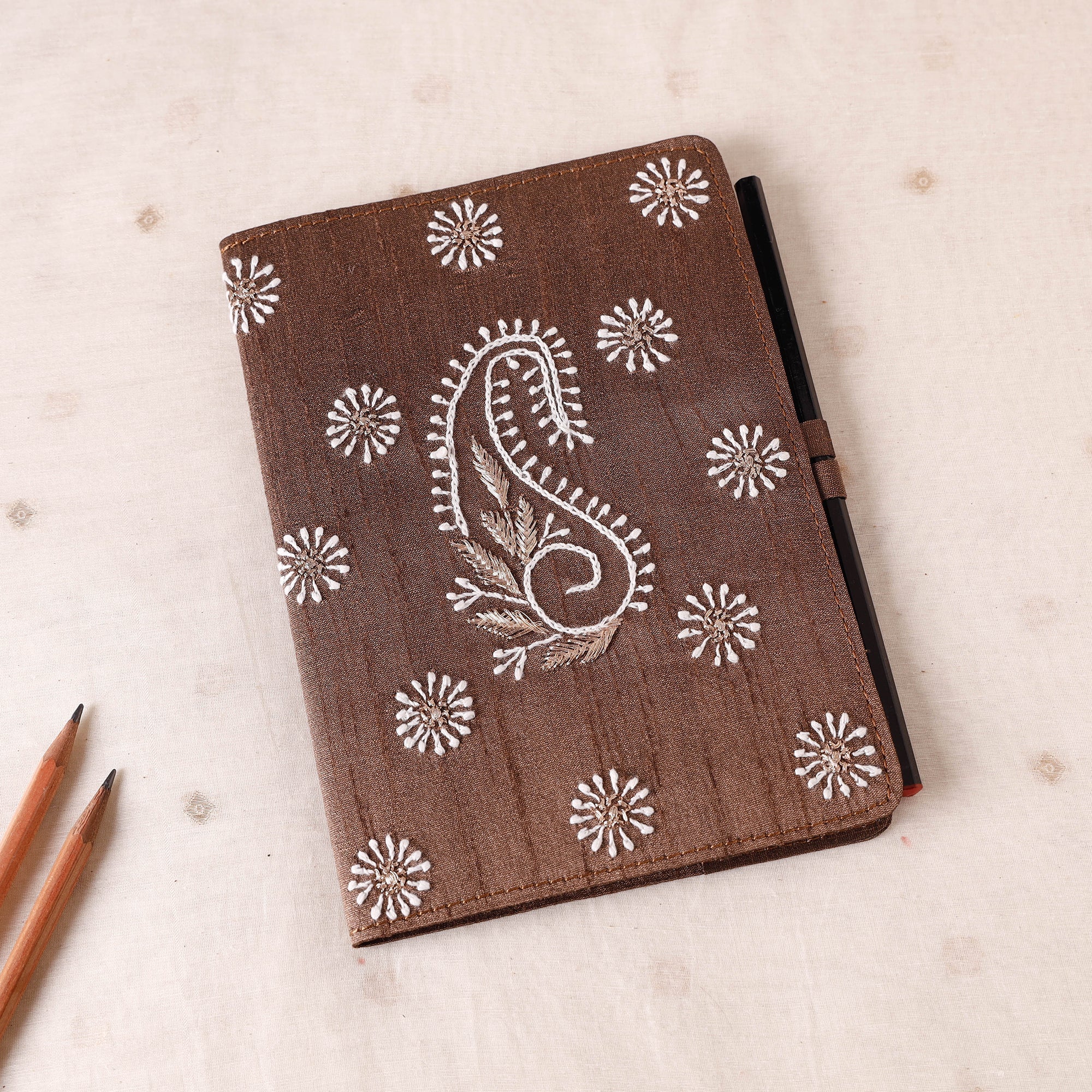 LAVANGG Brown - Lucknow Chikankari Hand Embroidery Silk Cover Notebook with Pencil (8 x 5.5 in)