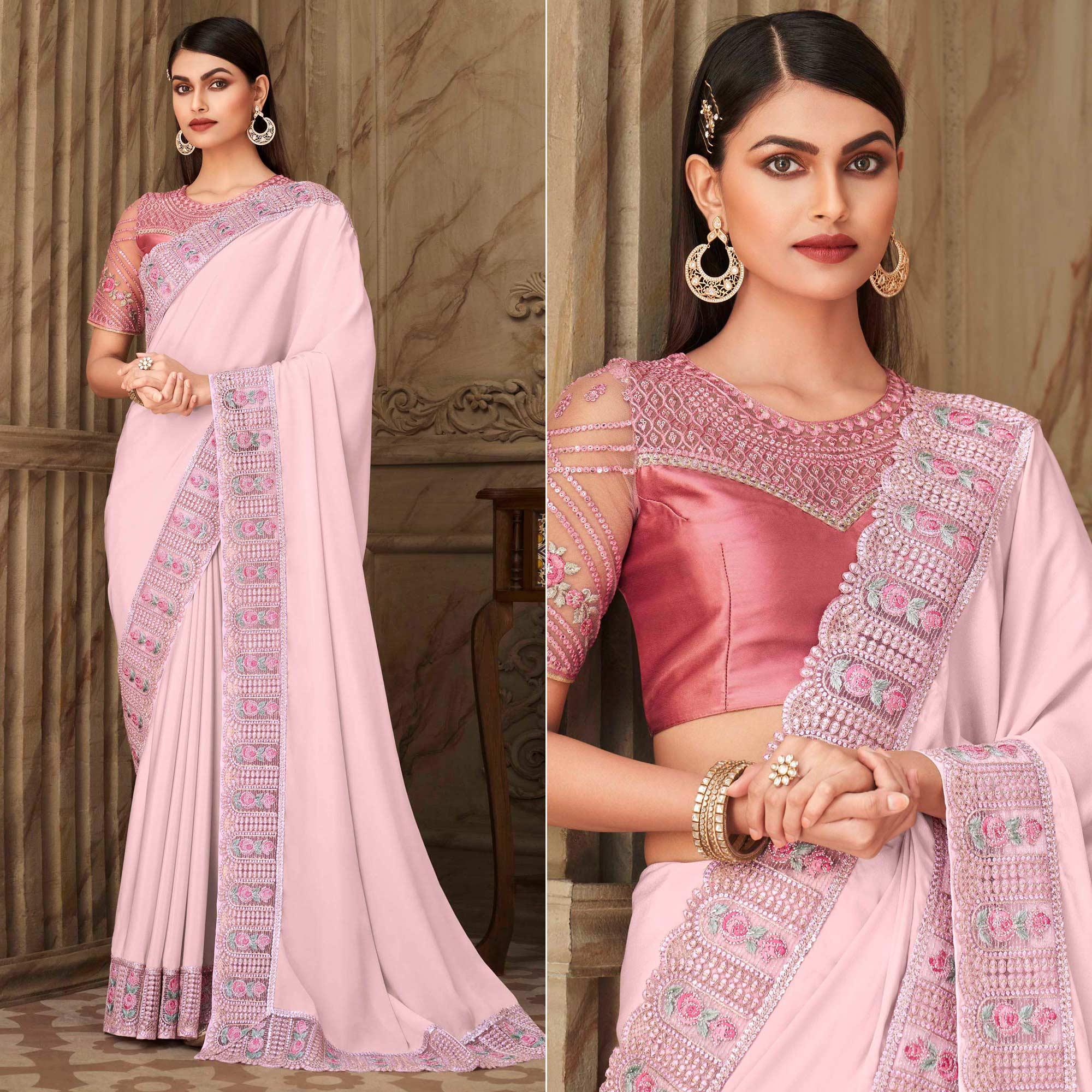 Peachmode Light Pink Partywear Sequins Embroidered Silk Saree