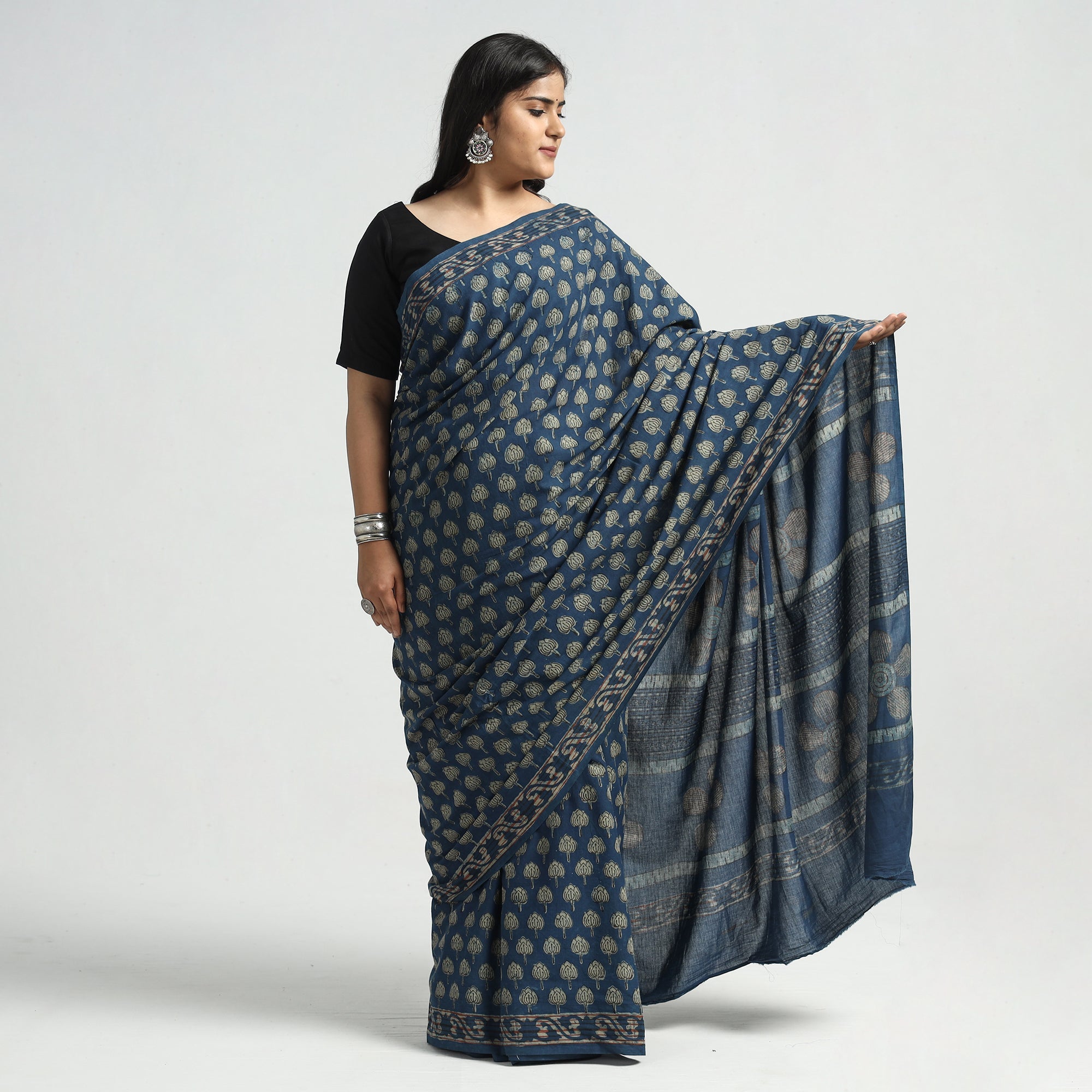 HAVELI CHRONICLES Blue - Akola Hand Block Printed Cotton Saree - view 2