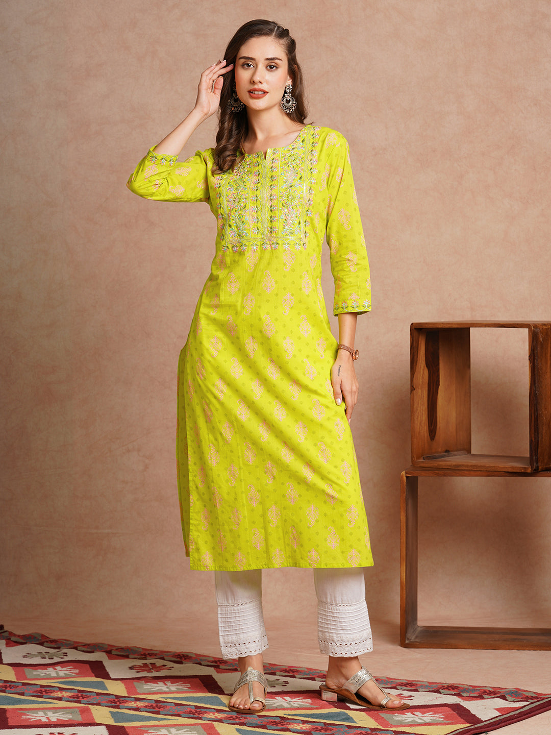 FASHOR Ethnic Floral Printed & Embroidered Straight Fit Kurta - Lime Green