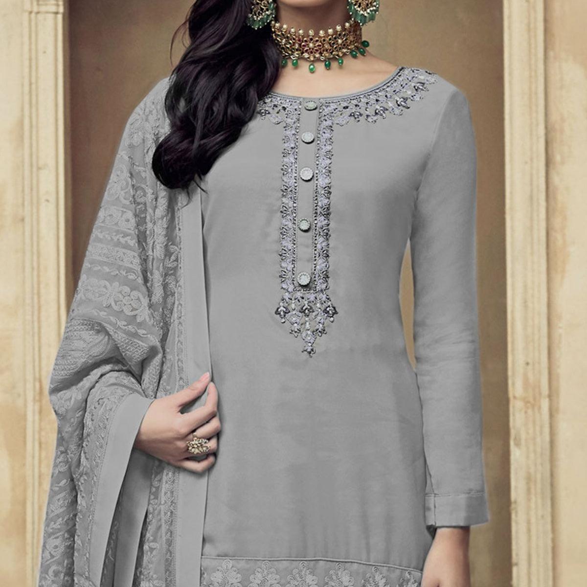 Peachmode Seller Grey Partywear Embroidered Heavy Georgette Sharara Suit - view 2