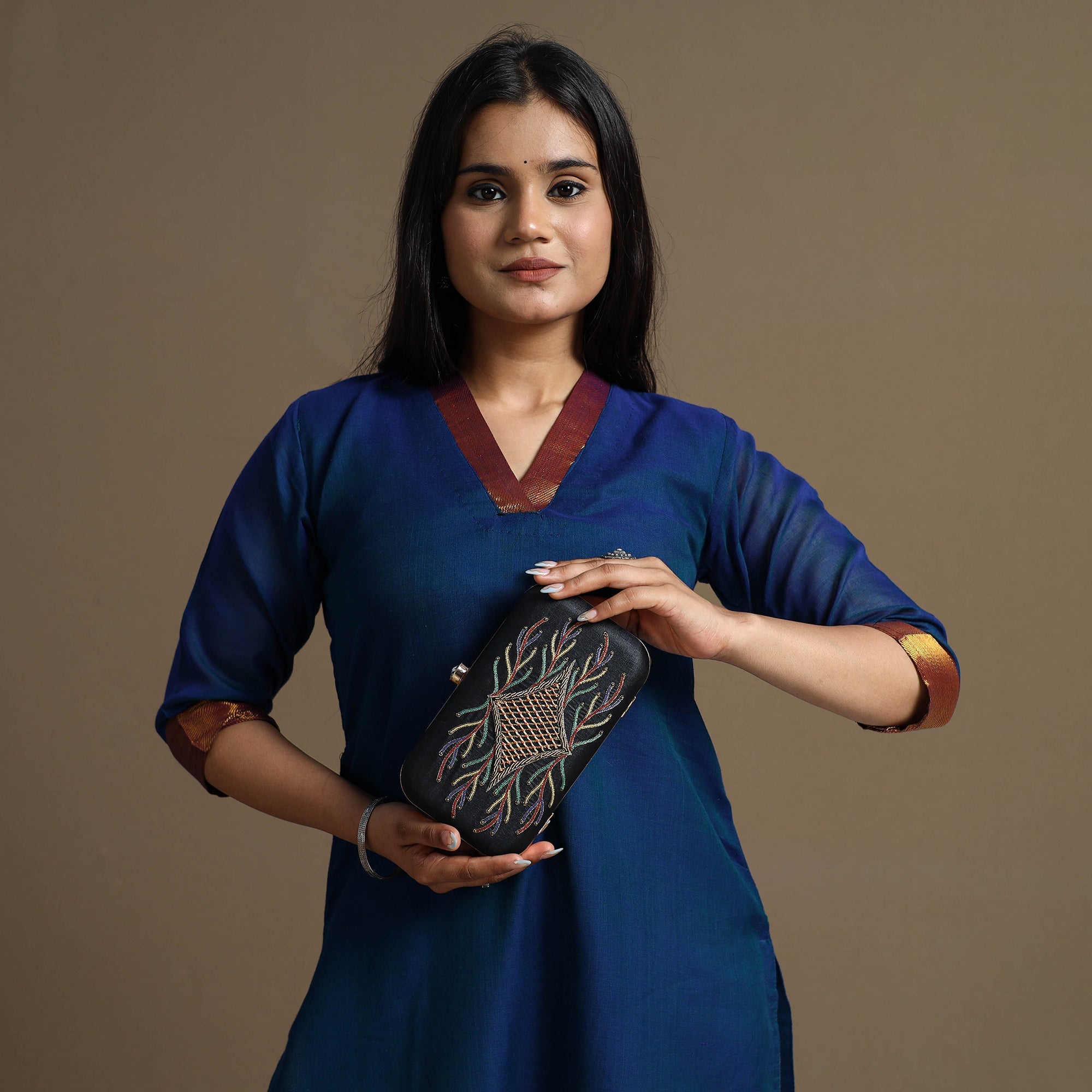 LAVANGG Black - Chikankari Hand Embroidery Tussar Silk Clutch / Sling Bag 12