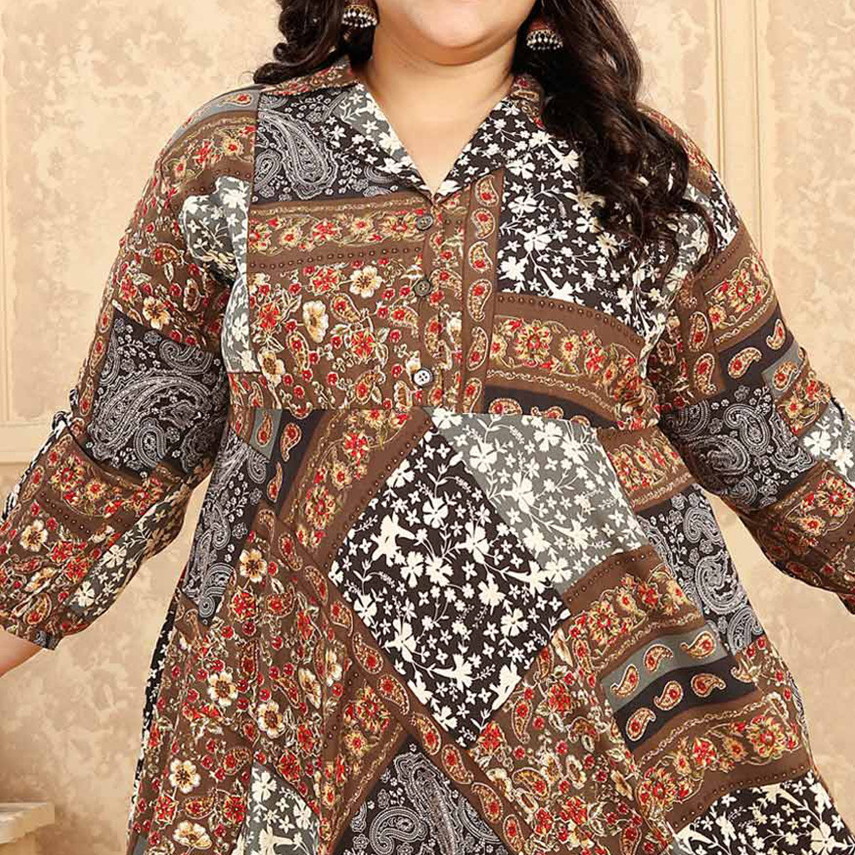 Peachmode Seller Brown Floral Printed Rayon Long Kurti - view 3
