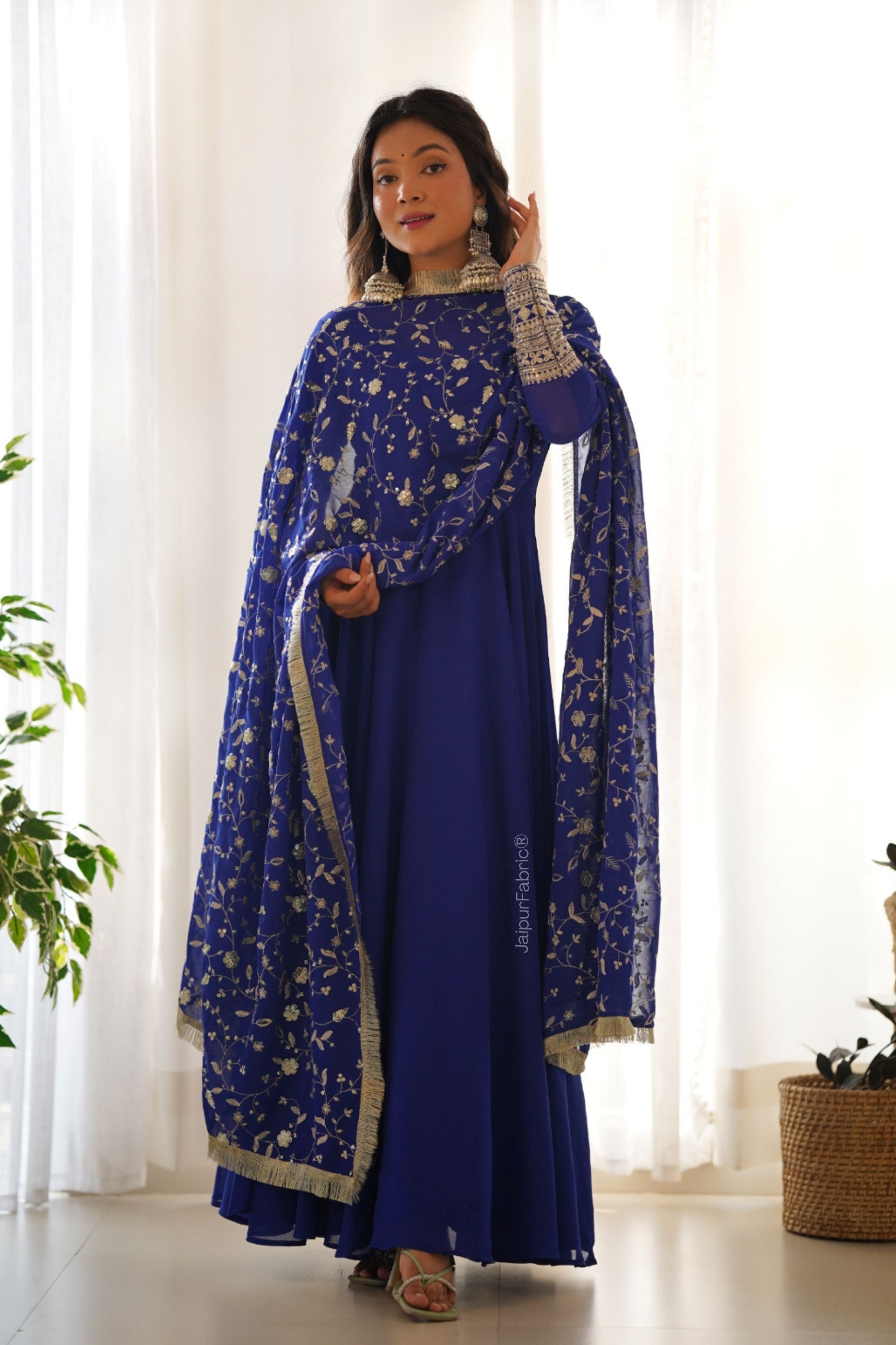 JaipurFabric® Embroidered Sleeve Georgette Abaya Style Suit in Royal Blue - view 2