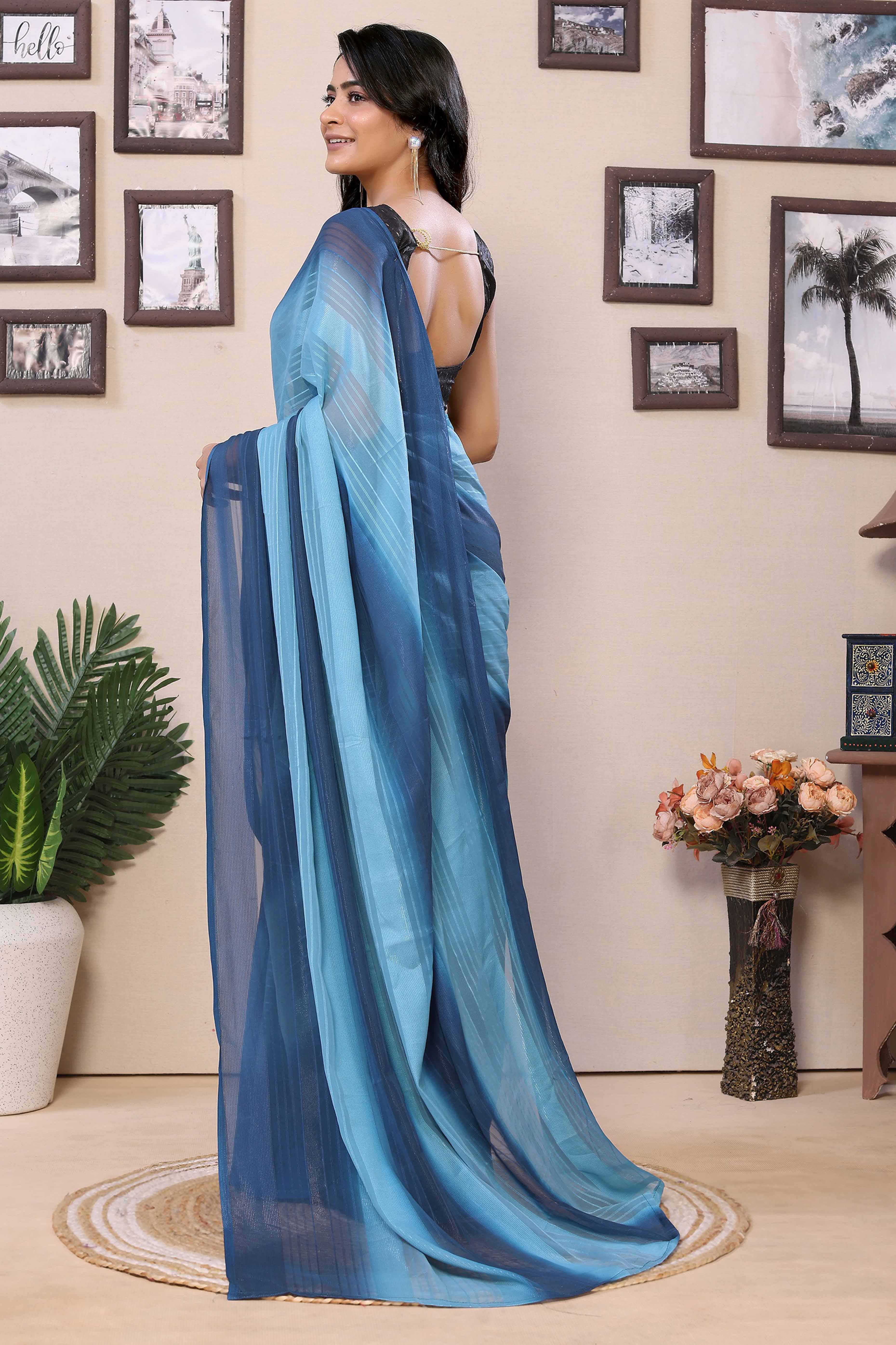 Peachmode Seller Blue Striped Zari With Digital Printed Georgette Ready To Wear Saree - view 3