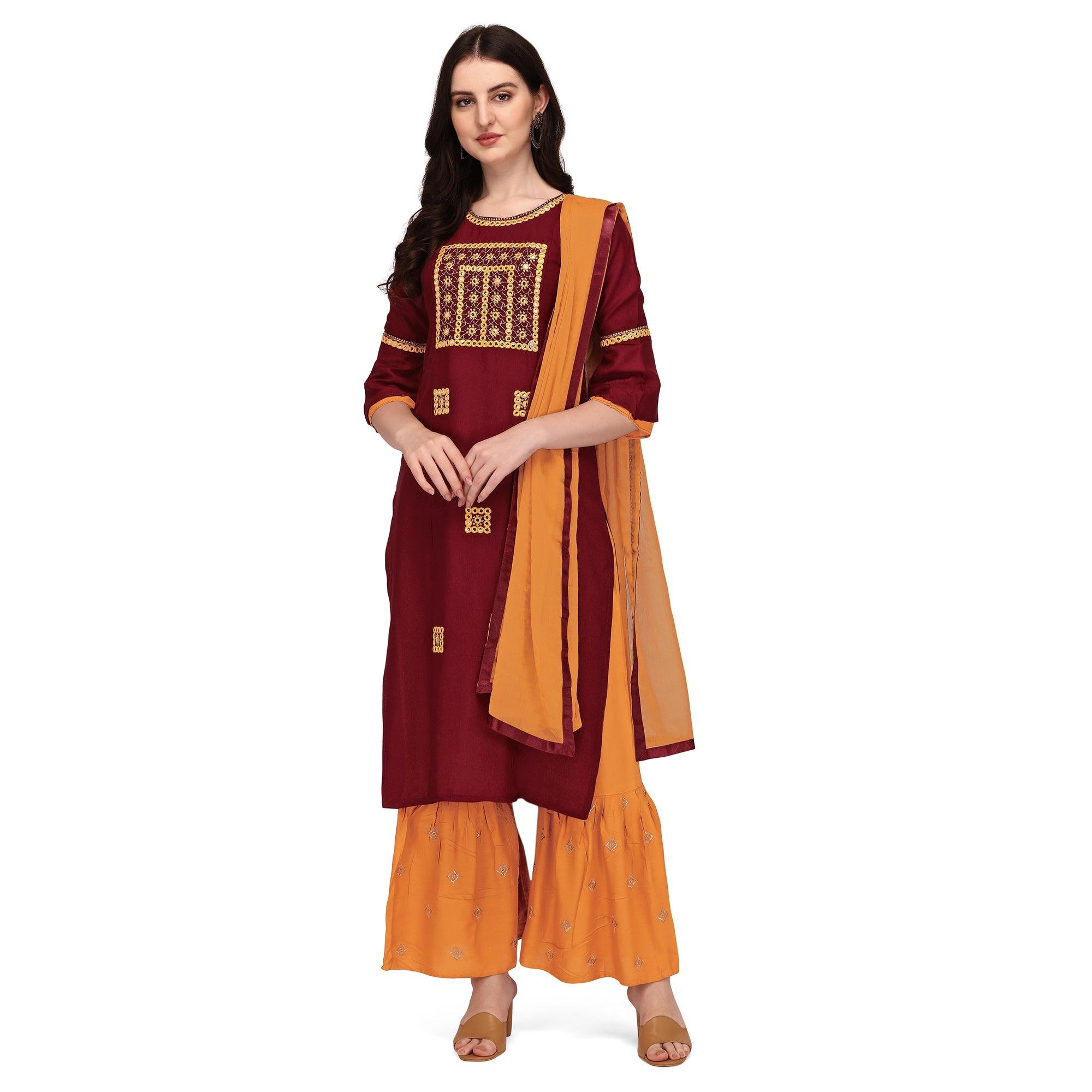 Peachmode Seller Maroon Embroidered Rayon Palazzo Suit - view 2