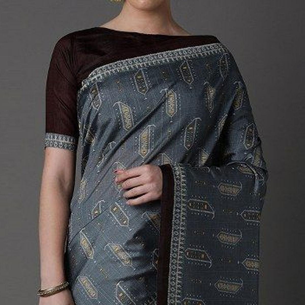 Peachmode Grey Party Wear Satin Printed Saree With Unstitched Blouse - view 2