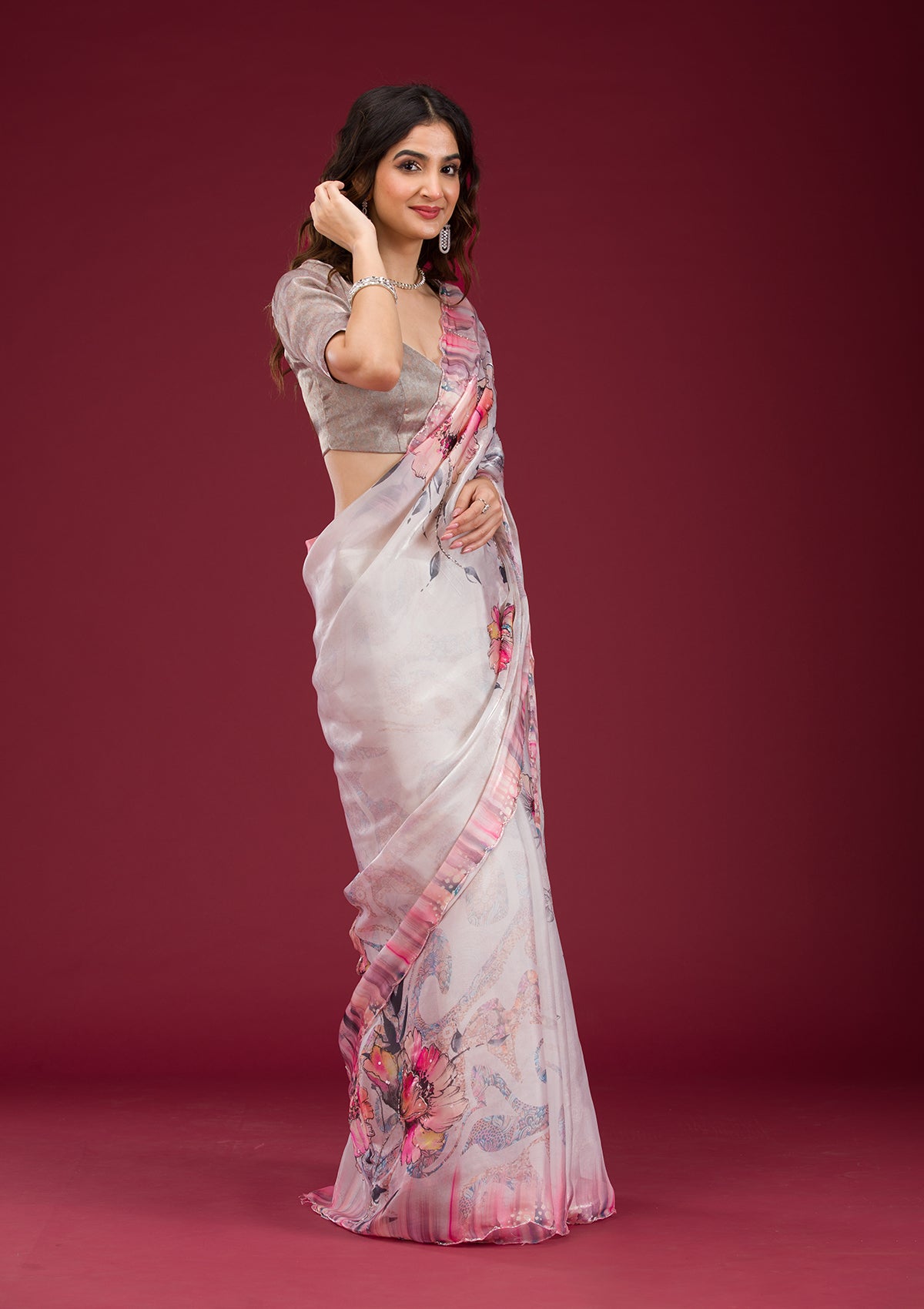 Koskii Cream Printed Tissue Saree – Women's - view 5