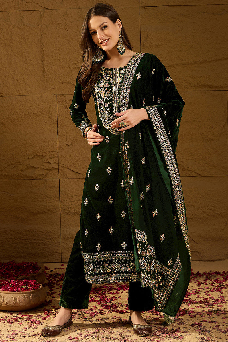 Ahika Green Velvet Ethnic Motifs Printed Straight Trousers Suit Set PKSKD2880 - view 3