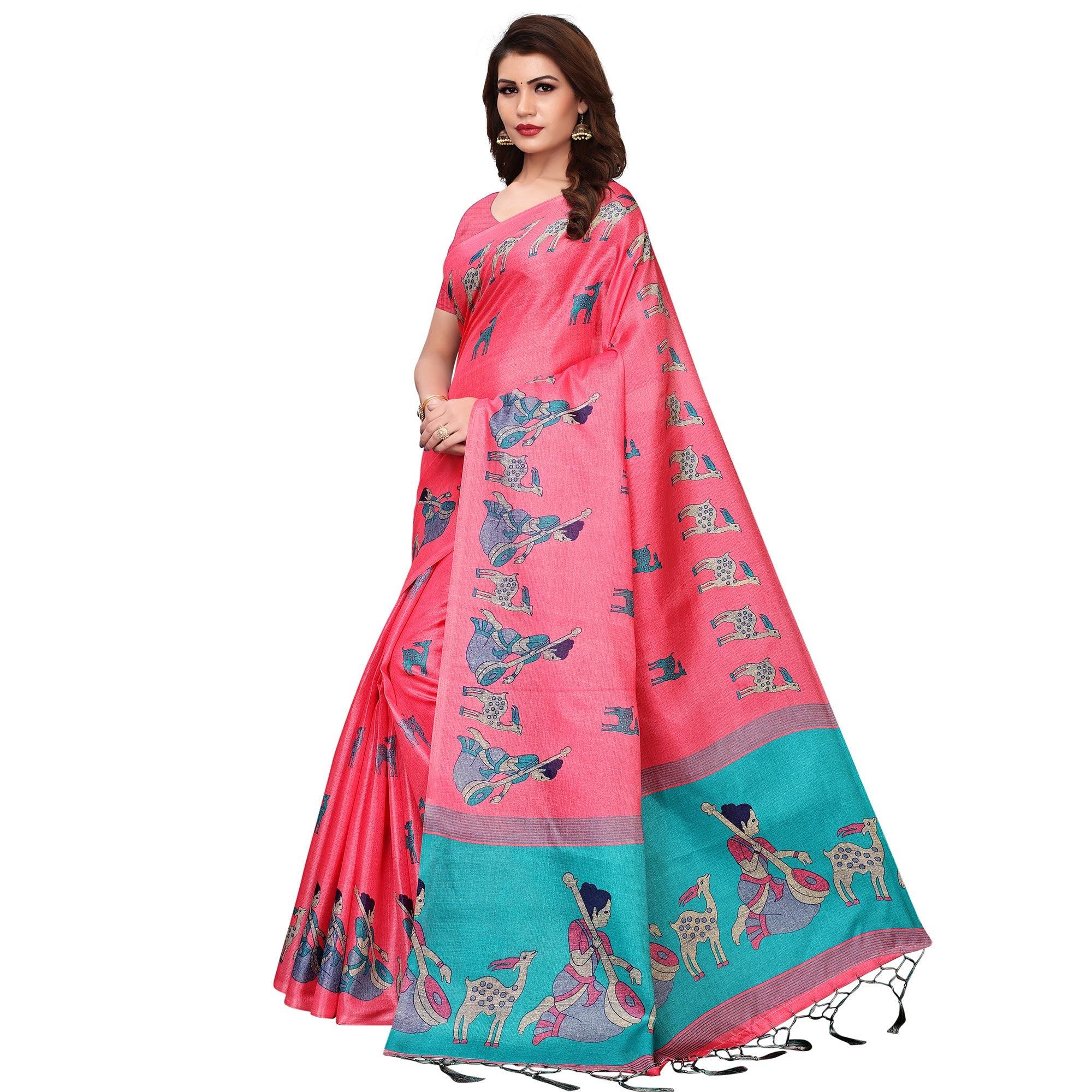 Peachmode Imposing Light Pink Colored Festive Wear Printed Art Silk Saree - view 3