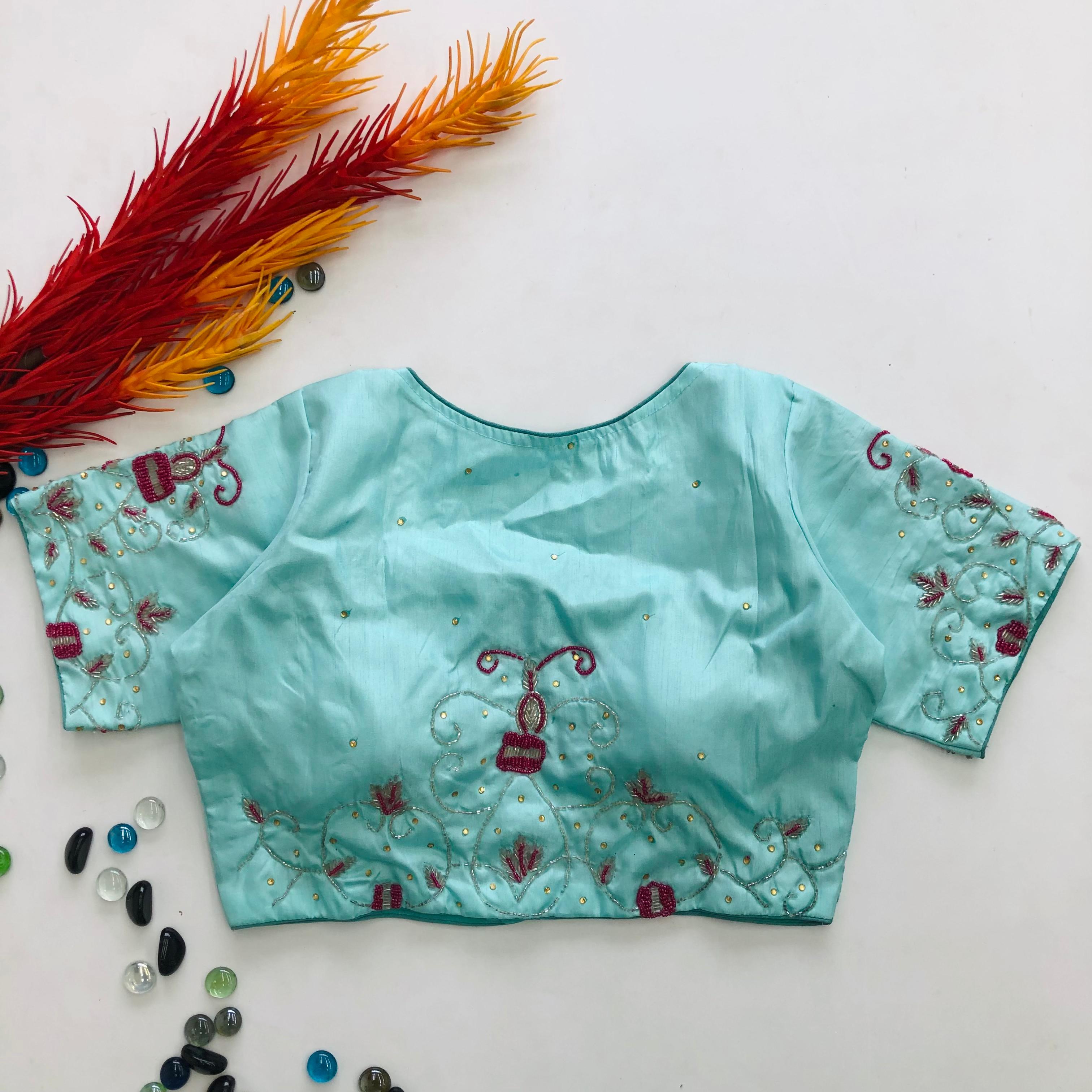 ClothsVilla Sky Blue Pearl Embroidered Keri Silk Party Wear Blouse
