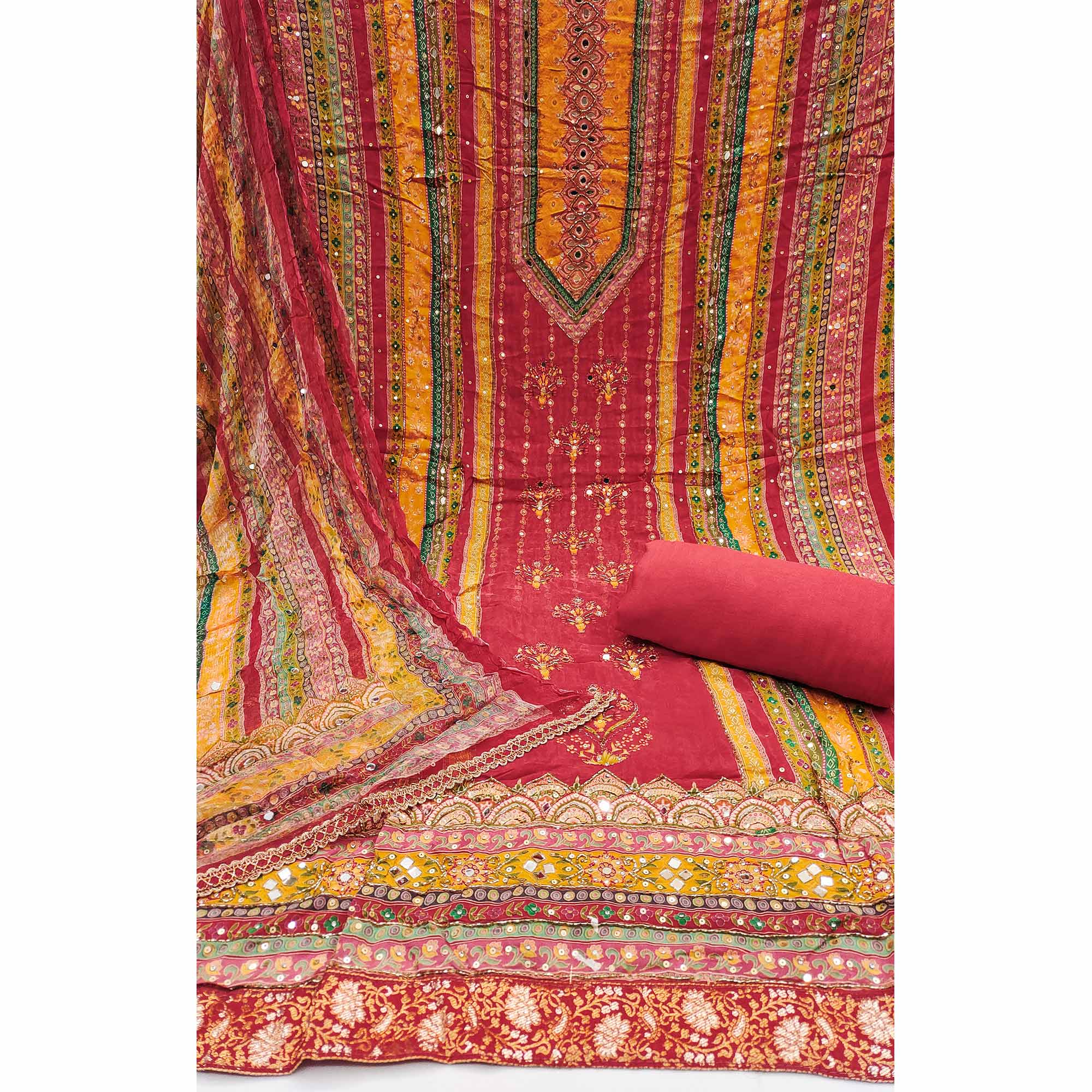 Peachmode Light Pink Embroidered With Printed Work Crepe Dress Material - view 3