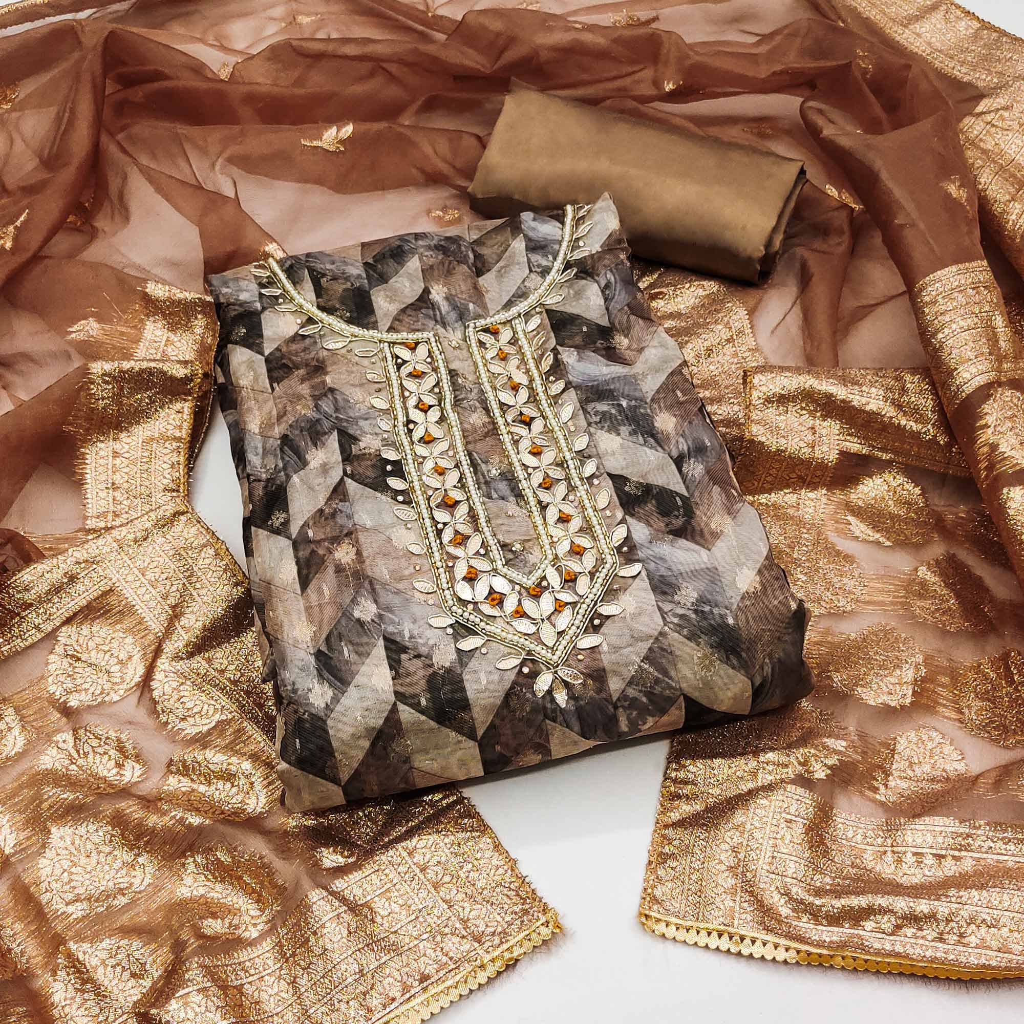 Peachmode Brown Digital Printed With Woven Organza Dress Material