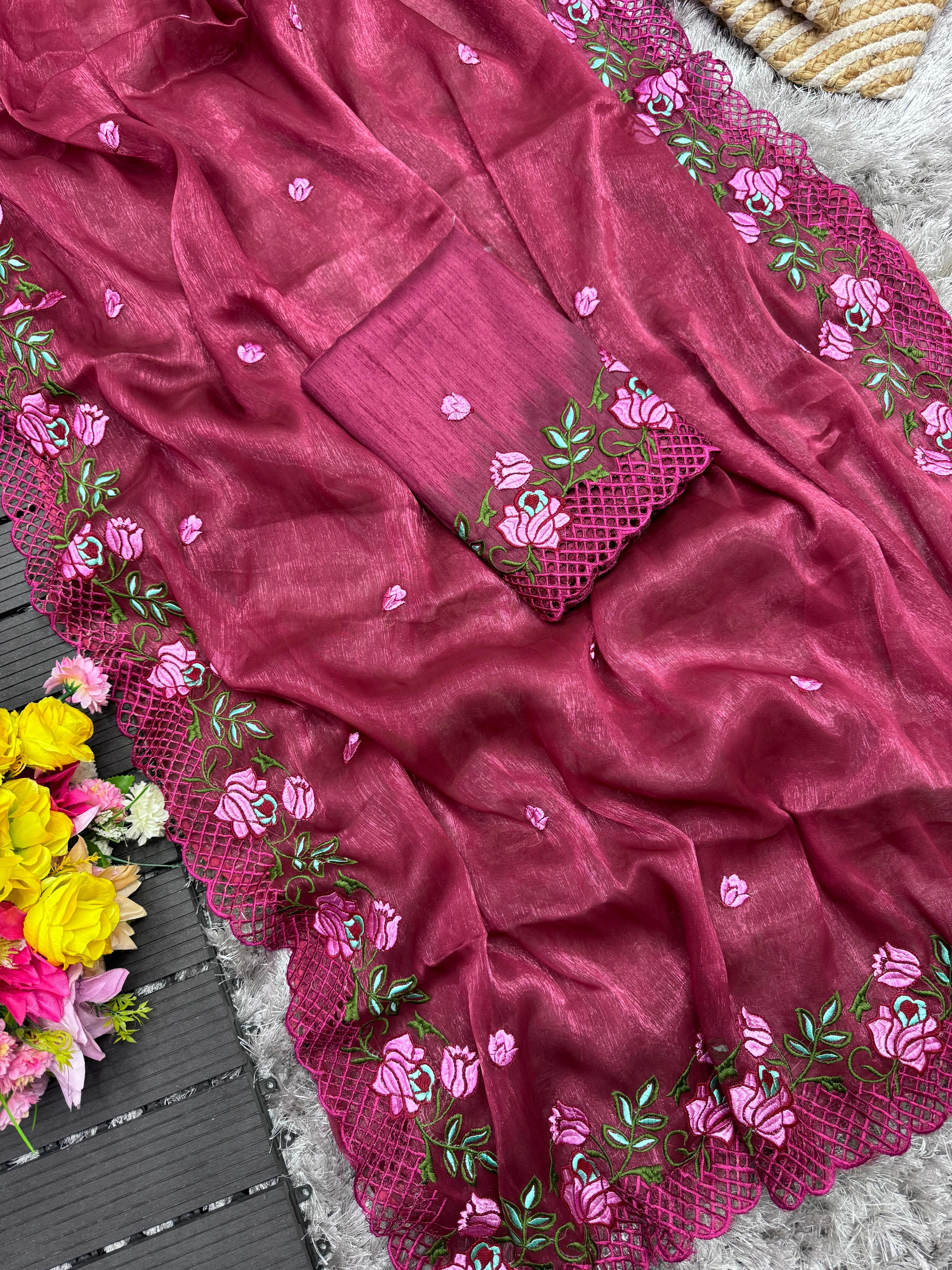 ClothsVilla Wine Crush Silk Saree with Intricate Floral Embroidery & Matching Blouse