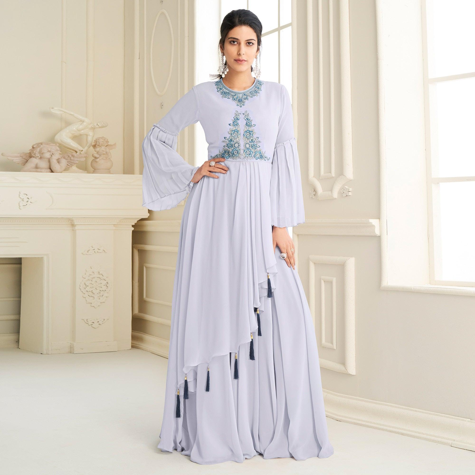 Peachmode Seller Light Lavender Partywear Embroidered Heavy Georgette Gown